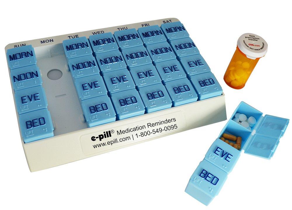 e-pill Medication Reminders e-Pill 4 Times a Day x 7 Day Large Weekly Pill Organizer, Vitamin, and Medicine Pillbox - with 4 Alarm Talking Reminder