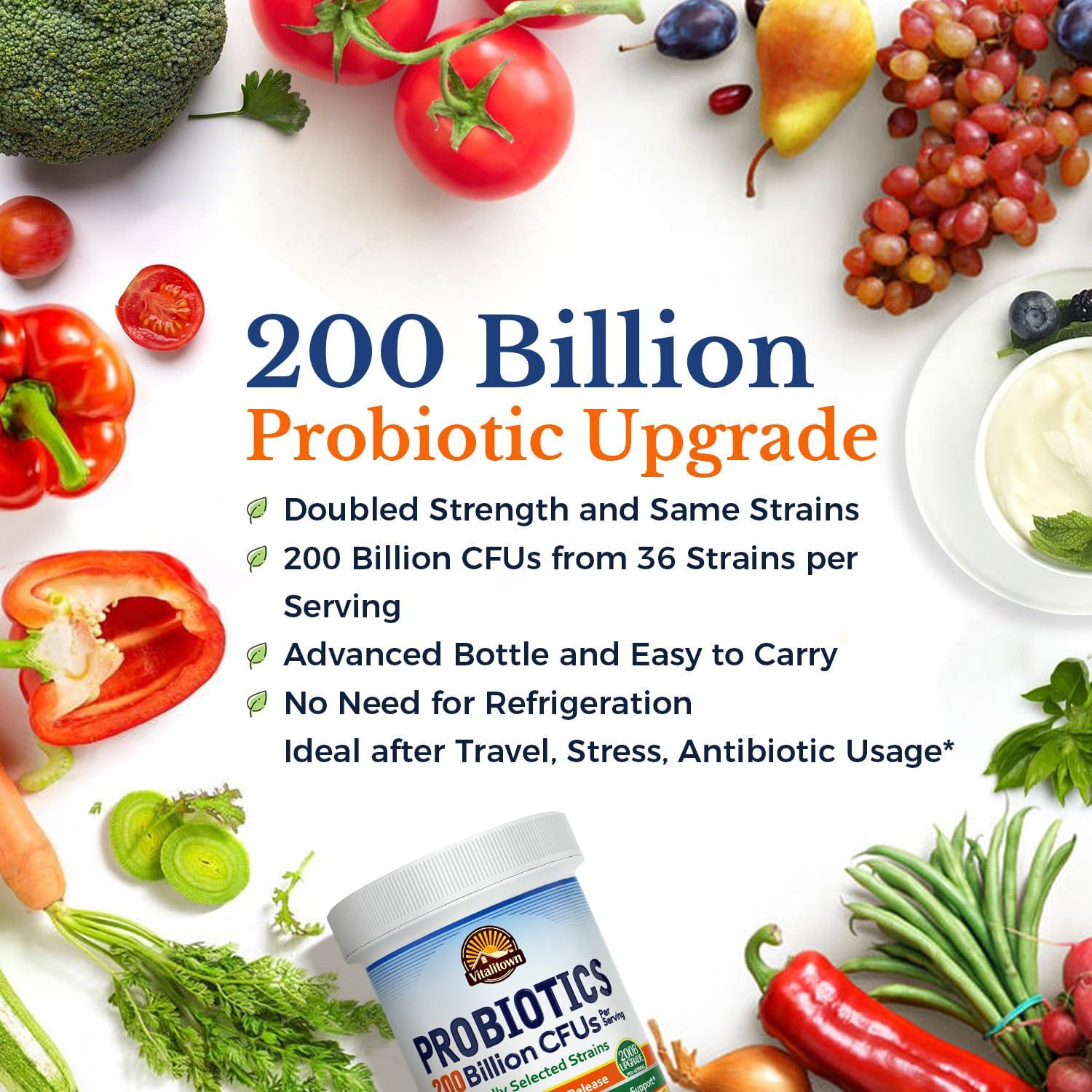 VITALITOWN Vitalitown Probiotics 200 Billion CFUs 36 Strains | Shelf Stable, Acid & Bile Resistant | Intensive Digestive & Immune Support | Men & Women Probiotics | Vegan Non-GMO | 60 ct