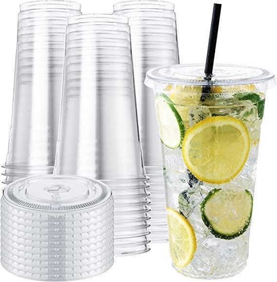 Cristal Plastic 24 oz Clear Plastic Cups with Flat Lids - 50 Pieces - Clear Disposable PET Plastic Cups - Suitable for Cold Coffee, Drinks, Juices and Shakes