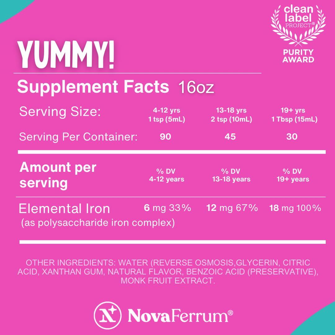 NovaFerrum NovaFerrum Yummy 16 Fl Oz | Liquid Iron Supplement for Ages 4 & Up | 18mg of Iron/Tbsp | Gluten Free | Sugar-Free | Raspberry Grape