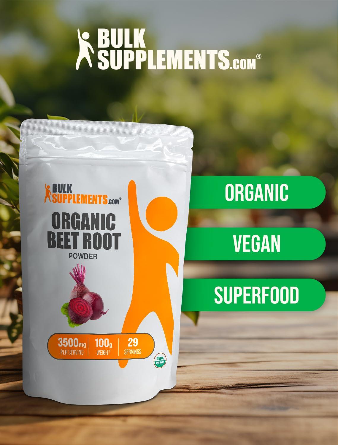 BULKSUPPLEMENTS.COM BulkSupplements.com Organic Beet Root Powder - Beet Powder Organic, Beetroot Supplement - Superfood Supplement, Vegan & Gluten Free - 3500mg per Serving, 100g (3.5 oz) (Pack of 1)