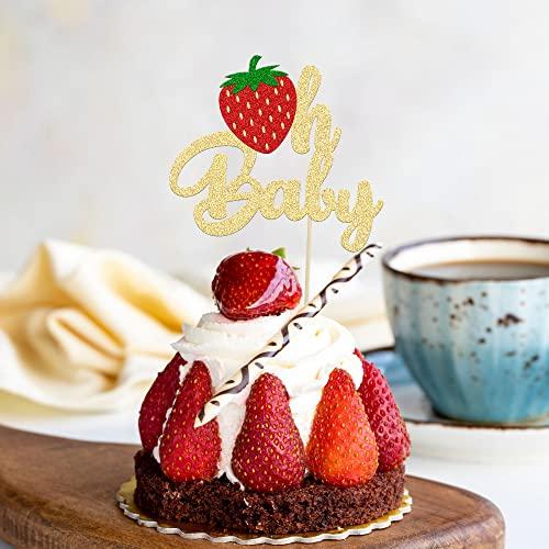 Ephlyn 1Pc Strawberry Oh Baby Cake Topper Glitter Fruit Theme Babyshower Strawberry Cake Decoration for Gender Reveal Baby Shower Kids Boys Girls Birthday Party Cake Decorations Supplies