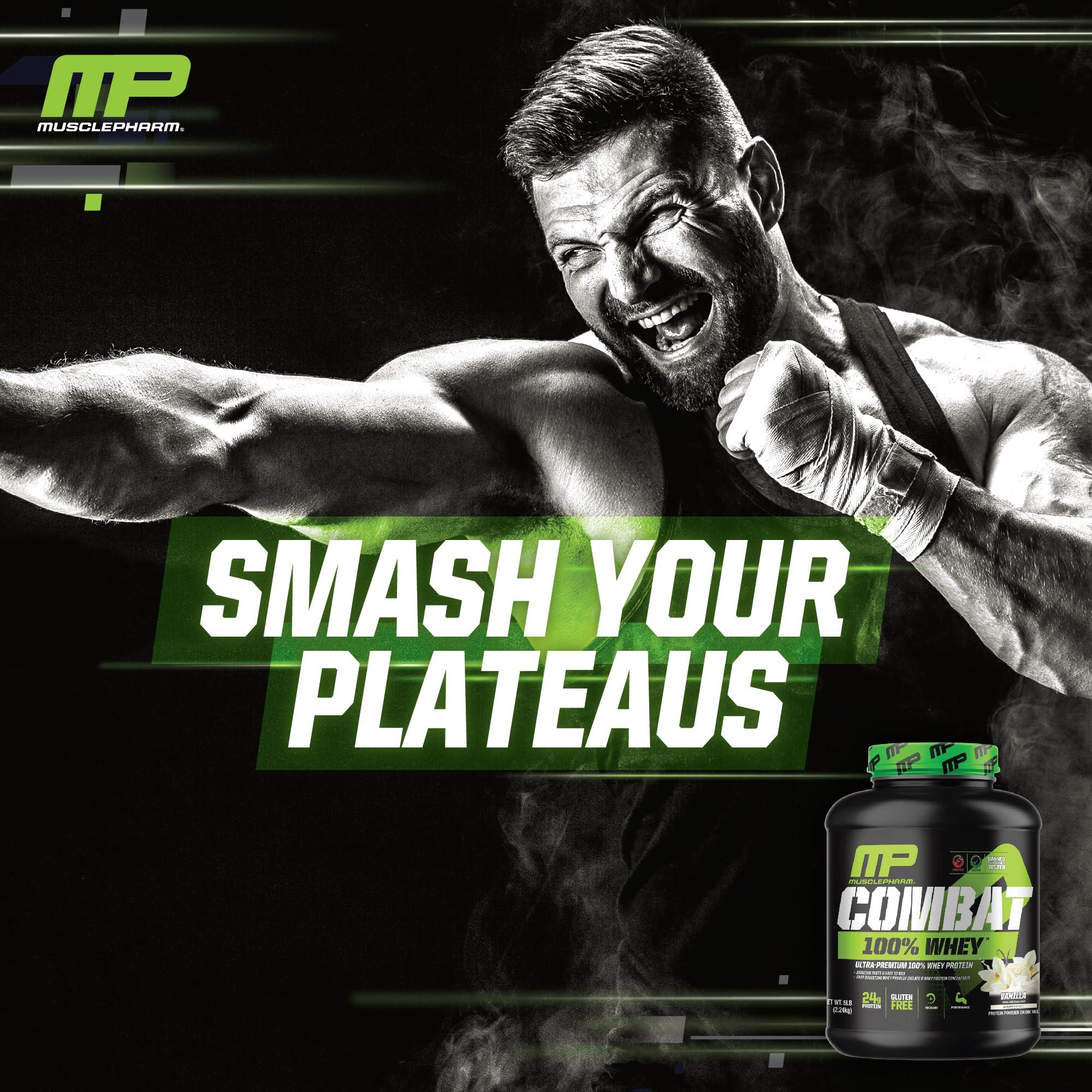 Muscle Pharm MusclePharm Combat 100% Whey Protein Powder, Vanilla Flavor, Fast Recovery & Muscle Gain with Whey Protein Isolate, High Protein Powder for Women & Men, Gluten Free, 5 lb, 70 Servings