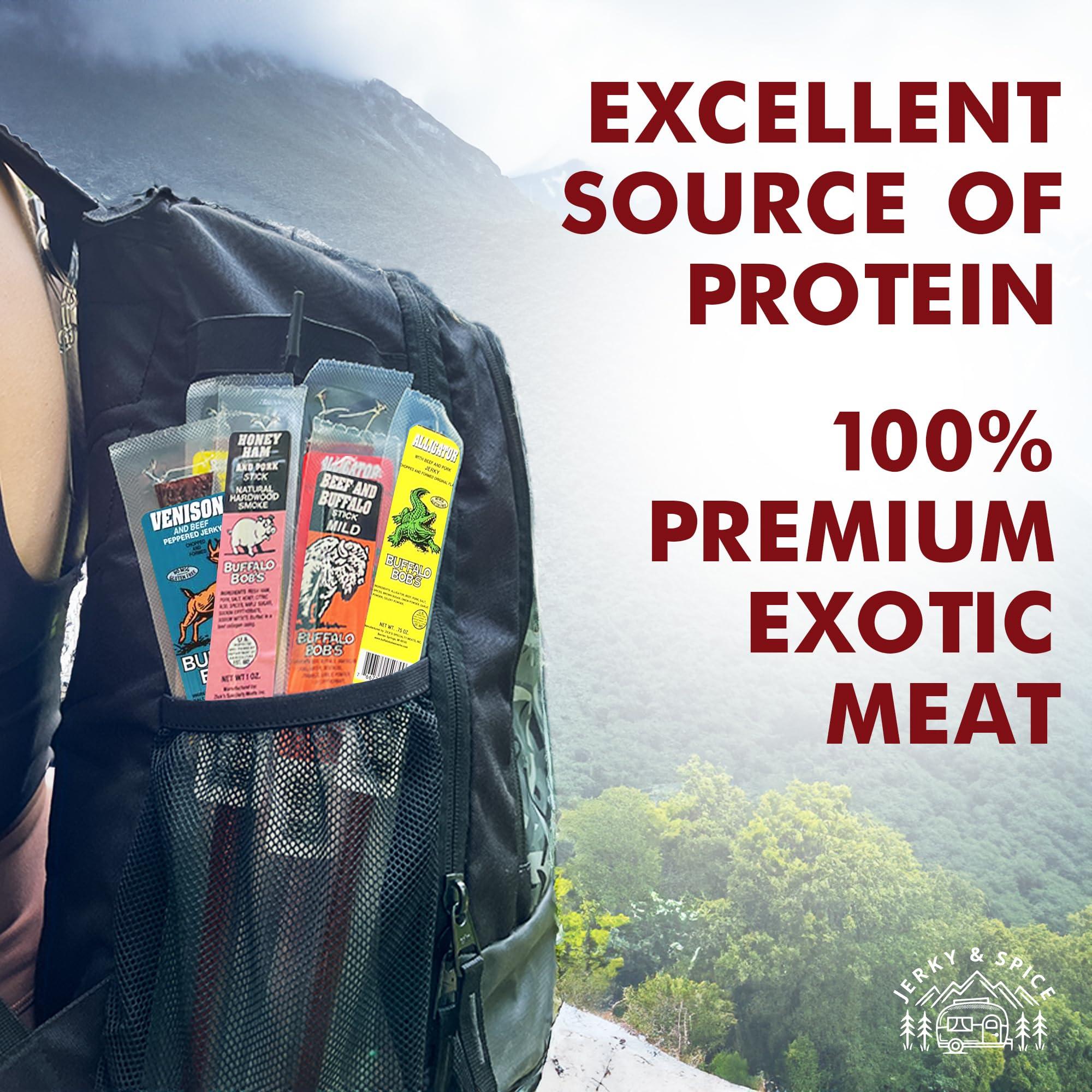 Jerky-n-Spice Buffalo Bob\'s Wild Game Meat Snacks (6 Pack), Beef Jerky Variety Pack, Jerky Gift Baskets for Fathers/Dad, Exotic Random Jerky Sampler Set, Mens Hunting Stocking Stuffers, Jerky Gift Set