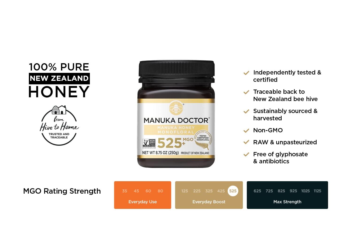Manuka Doctor MANUKA DOCTOR - Manuka Honey MGO 80+ Multifloral & MGO 525+ Monofloral Value Bundle, 100% Pure New Zealand Honey. Certified. Guaranteed. RAW. Non-GMO, 2 x 8.75oz Pots