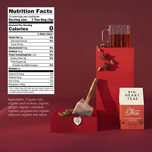Big Heart Tea Co. Big Heart Tea Co. Tea Bags - Fiery Masala Chai - Certified Organic, Ayurvedic Herbal Decaf Tea with Small Batch Ground Sweet Herbs and Spices including Adaptogenic Tulsi, Rooibos, Ginger, 20 Tea Bags