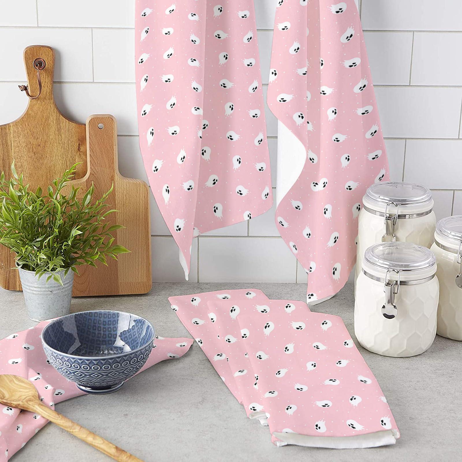 YESOF66 YESOF66 Microfiber Kitchen Dish Cloths, Soft Absorbent Dish Towels Halloween Ghost Texture Pink Reusable Cleaning Cloths Dish Cloth Quick Drying Washable Decorative Tea Towels Hand Towels 2 Pack