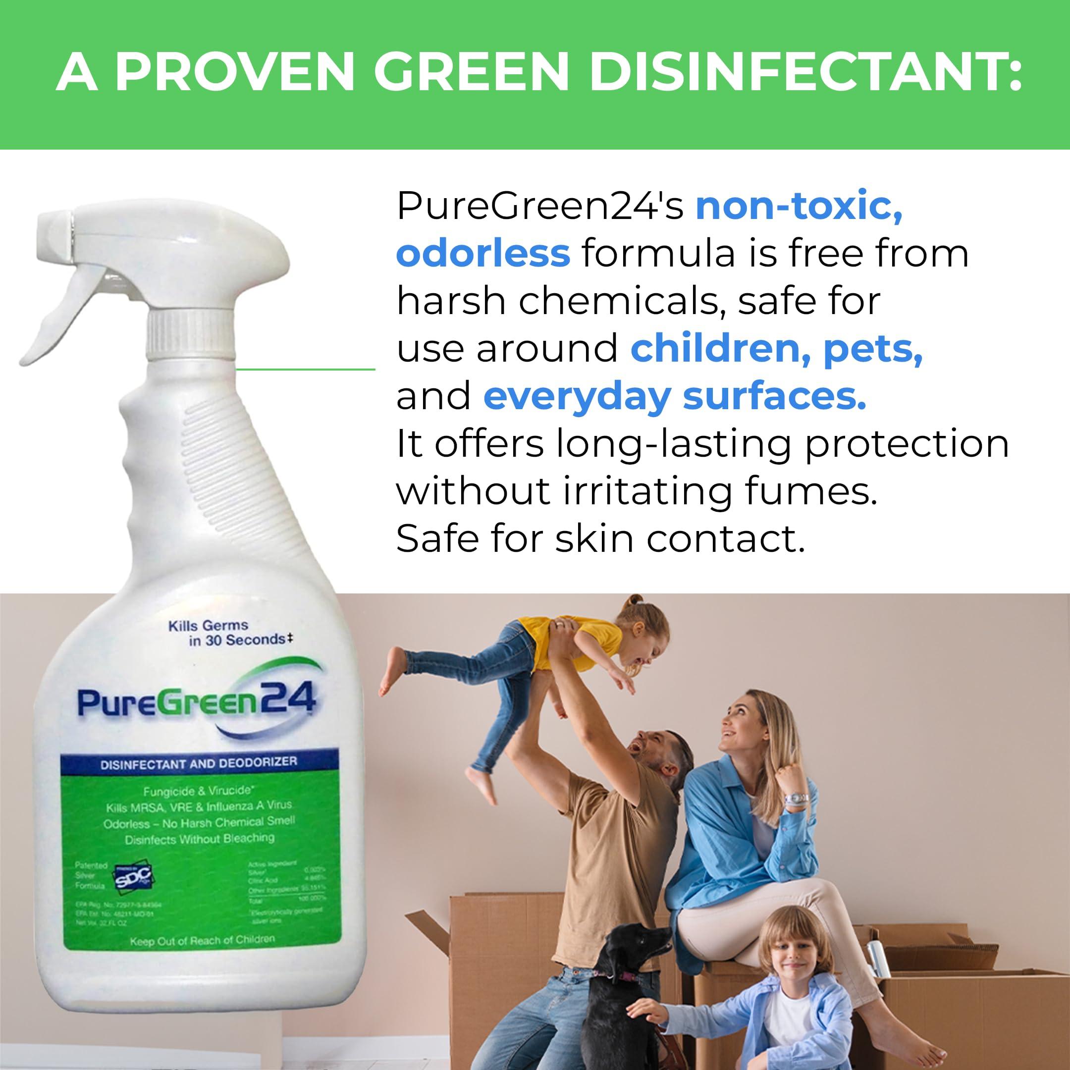 PURE GREEN 24 PureGreen24 Safe & Effective Disinfectant. Kills Deadly Germs including RSV COVID-19 Norovirus MRSA Staph 2025 flu Contains no toxic chemicals odorless child & pet safe 1 gallon bottle ready to use