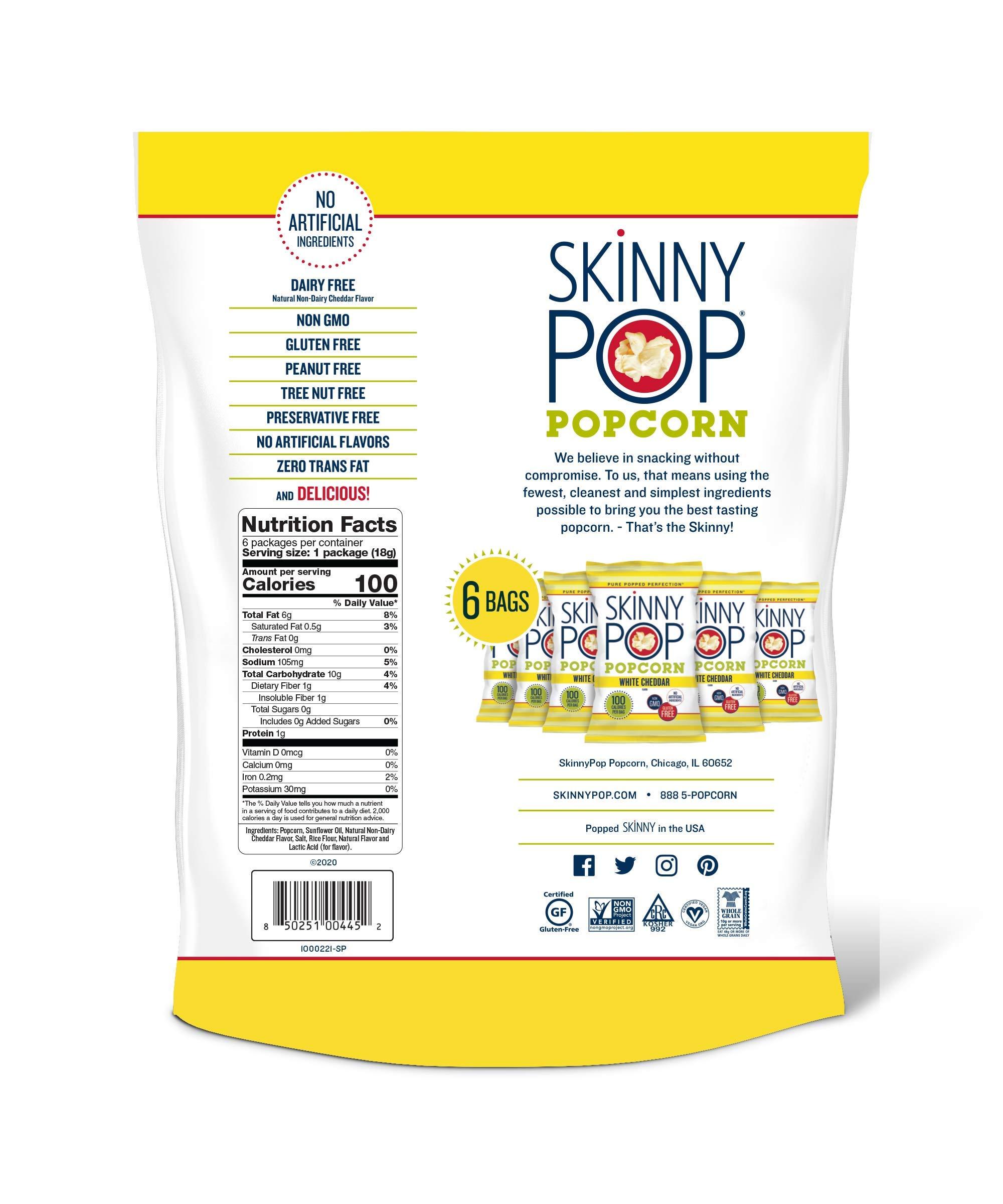 SkinnyPop SkinnyPop Popcorn, Gluten Free, Non-GMO, Healthy Snacks, Skinny Pop Dairy Free White Cheddar Popcorn Snack Packs, 0.65 Oz Individual Size Snack Bags (6 Count)