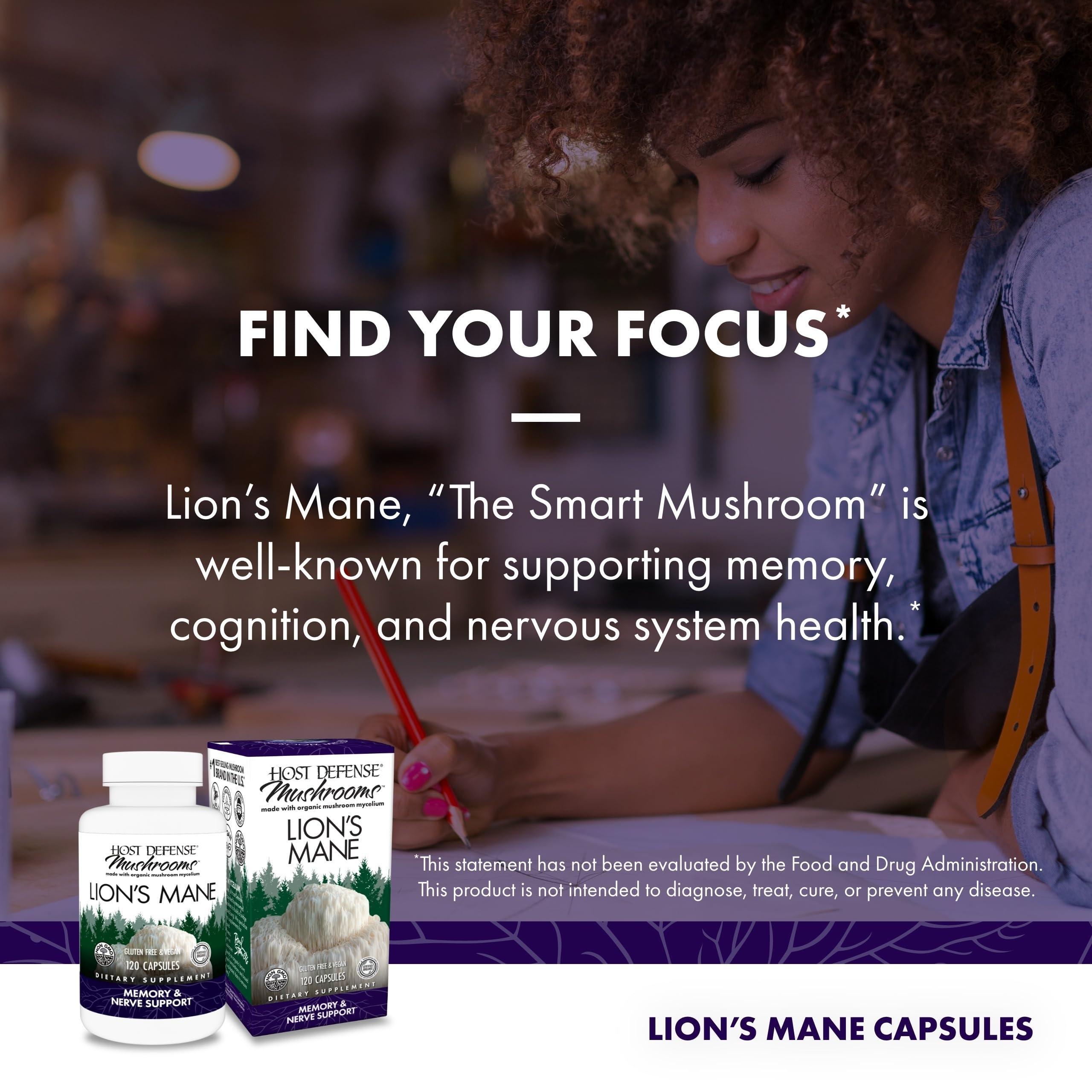 Host Defense Host Defense Mushrooms Lion's Mane - Brain Health Support Supplement for Focus & Memory Function - Immune & Nervous System Support Supplement - 120 Capsules (60 Servings)*