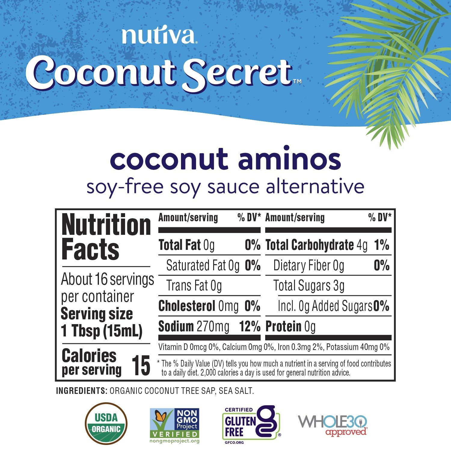 COCONUT SECRET Coconut Secret, Organic Liquid Coconut Aminos, 8 fl oz (pack of 4), All-Purpose Seasoning Sauce & Marinade, Soy-Free Soy Sauce Alternative, Low Sodium, Low Glycemic, Vegan & Gluten Free Stir Fry Sauce