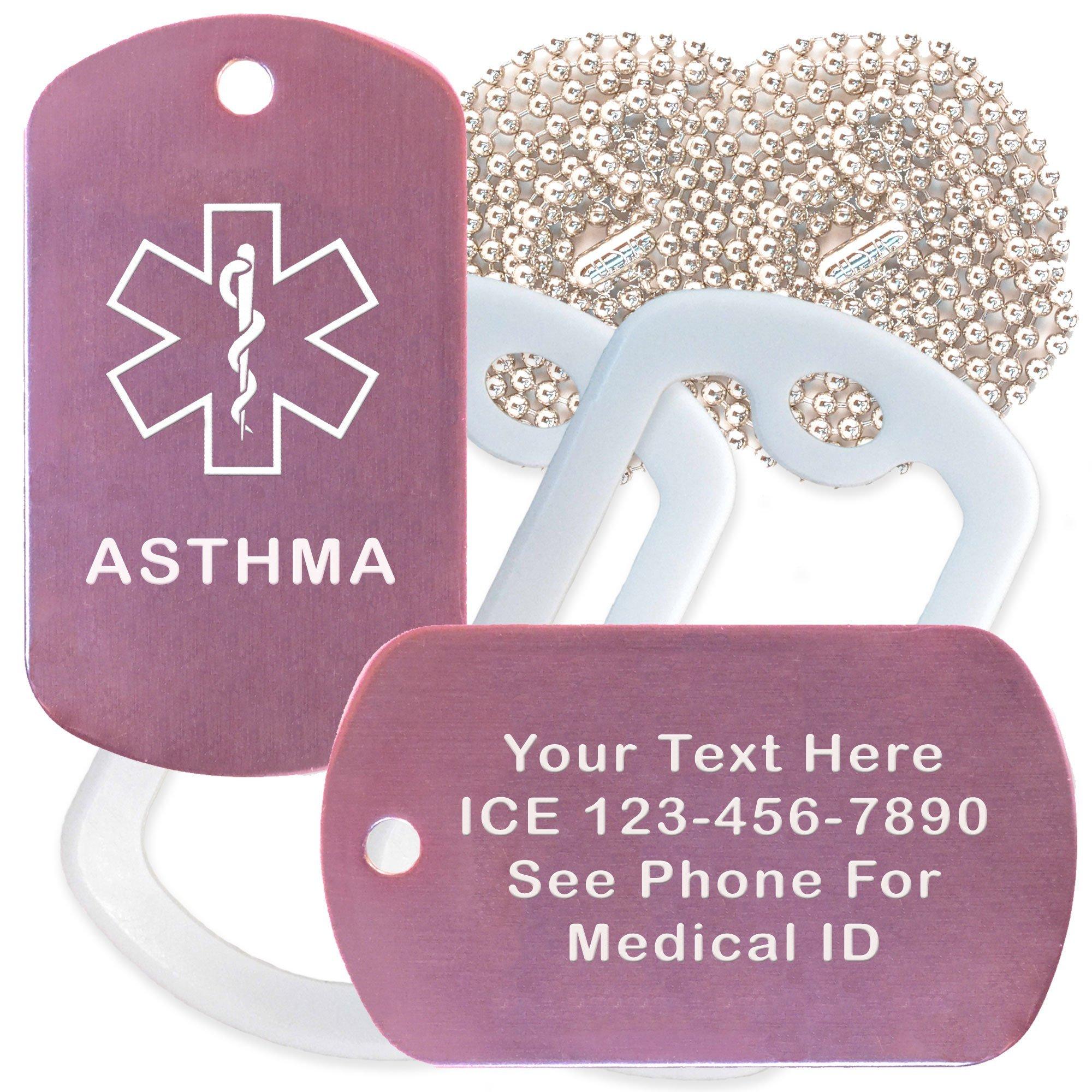 Goods For Giving Custom 2 Pack - Asthma Medical Alert ID Necklaces with Pink Custom Tags, White Silencers, and 30'' USA Chains