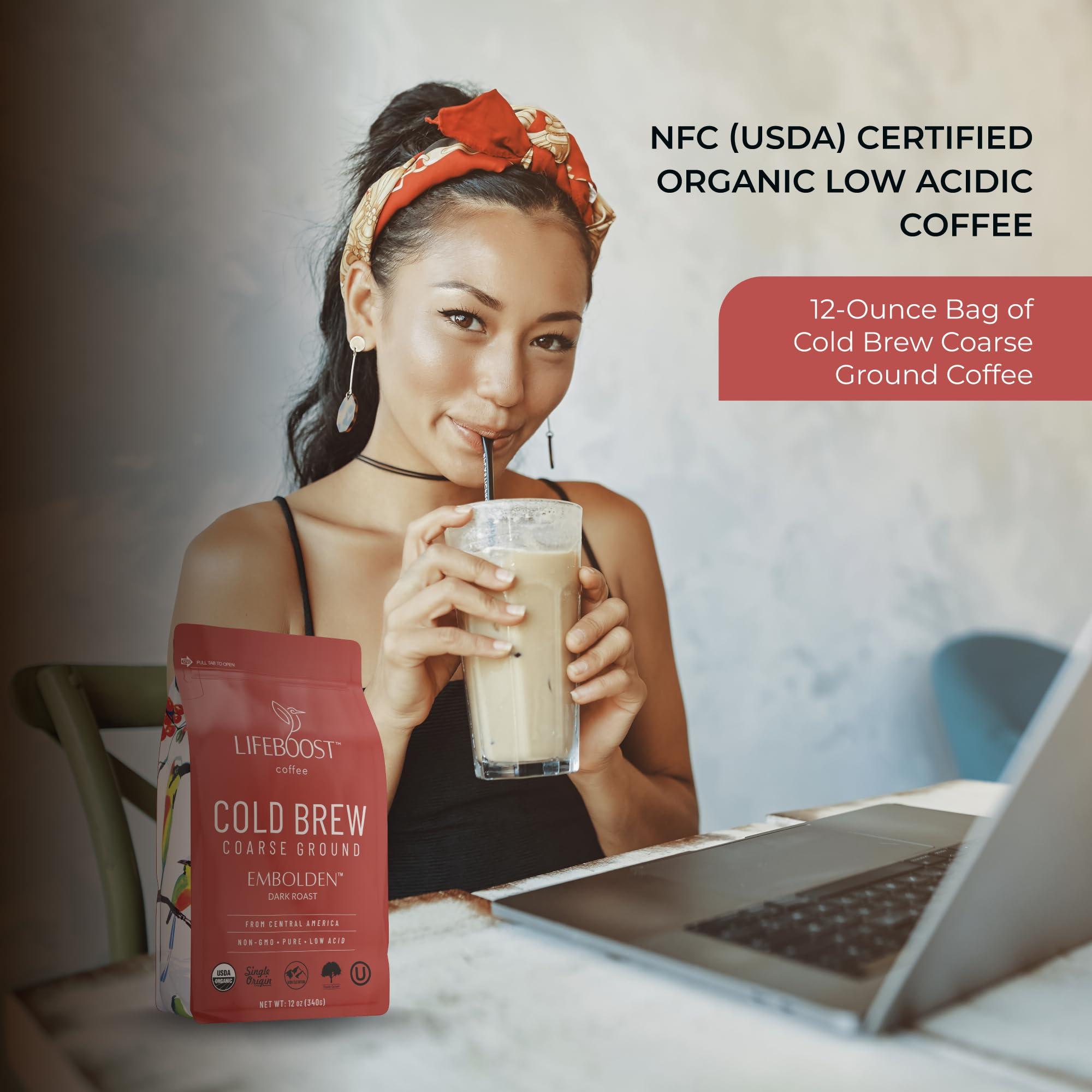 LIFEBOOST Lifeboost Dark Cold Brew Coffee - Low Acid Coarse Ground Coffee for Cold Brew - Single Origin Non-GMO USDA Organic Cold Brew Coffee Grounds - 3rd Party Tested For Mycotoxins & Pesticides - 12 Ounces