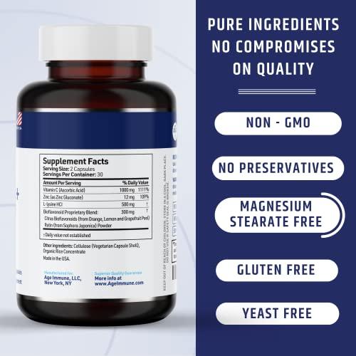 AgeImmune Vitamin C 1000mg Complex with L-Lysine 500mg, Zinc 12mg, Bioflavonoids 300mg. Doctor Formulated Magnesium Stearate Free Supplements for Healthy Immune System Support.(1)