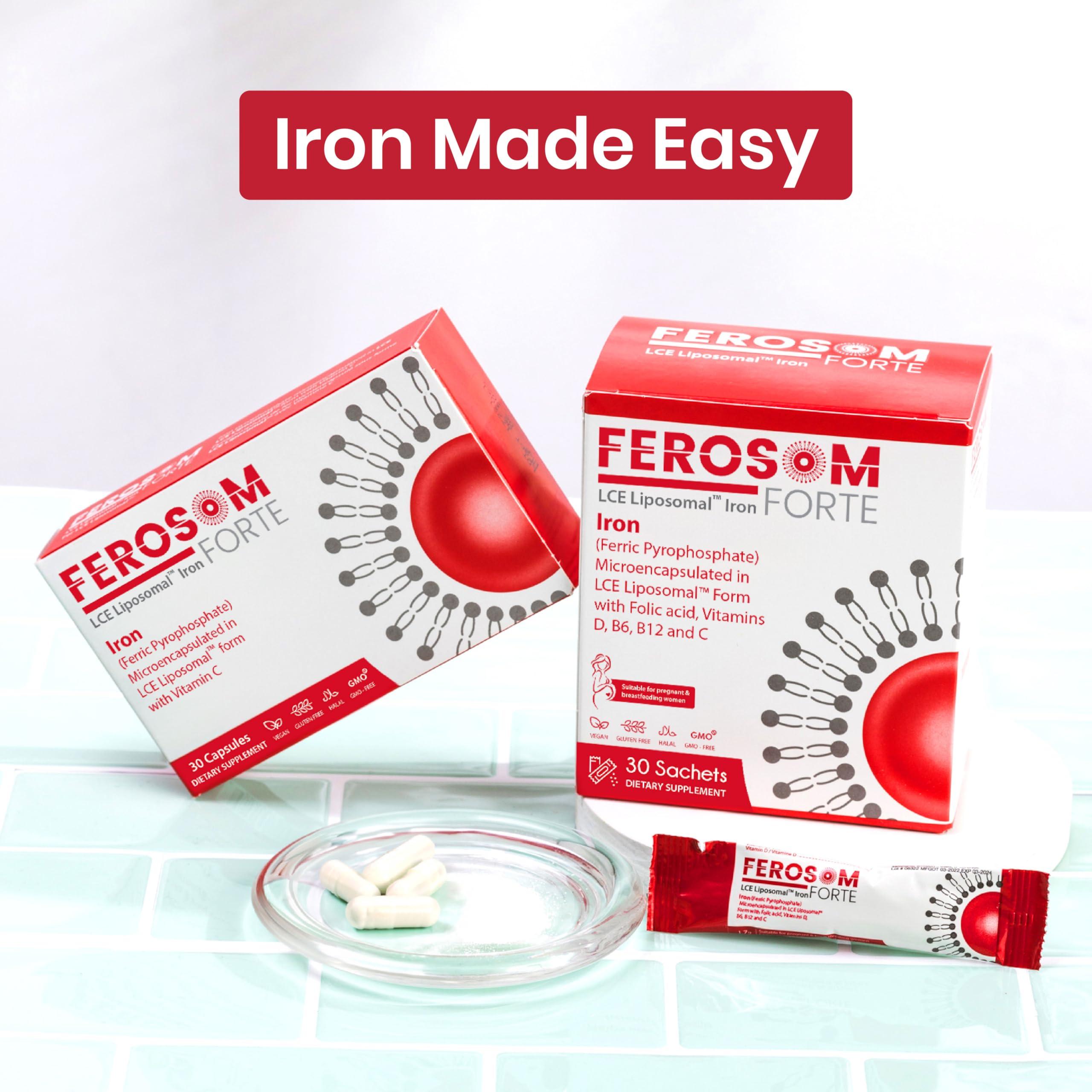 FEROSOM FORTE Ferosom Forte LCE Liposomal Iron  Iron Supplement Capsule Gentle on The Stomachs  30g Elemental Iron with Vitamin C  Easy to Swallow Iron Pills for Women and Men, 30 Vegan Iron Capsules