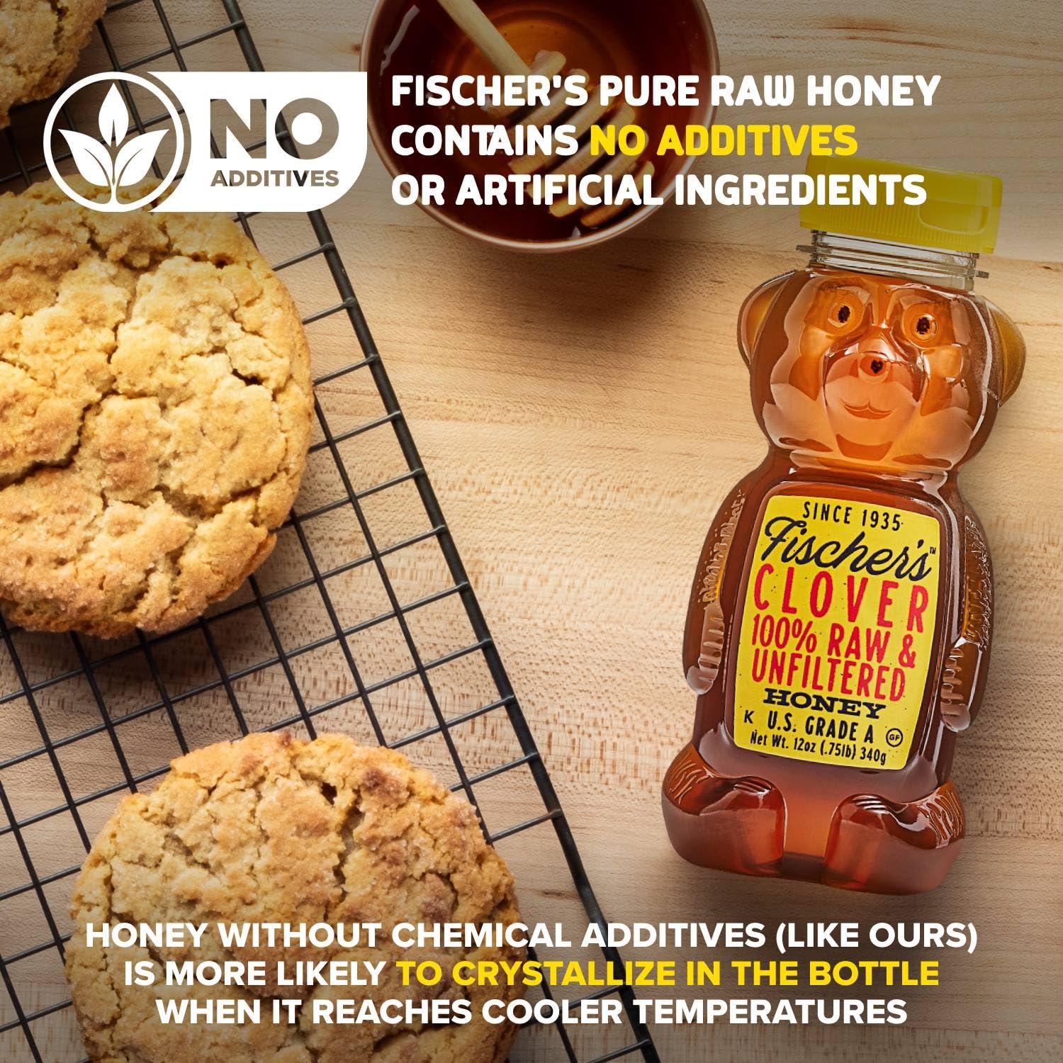 Fischer\'s Fischers 100% Clover Honey, 12 Oz Pure, Raw & Unfiltered Honey Squeezable Honey Bear Bottle Gluten-Free, Non-GMO All-Natural Sweetener