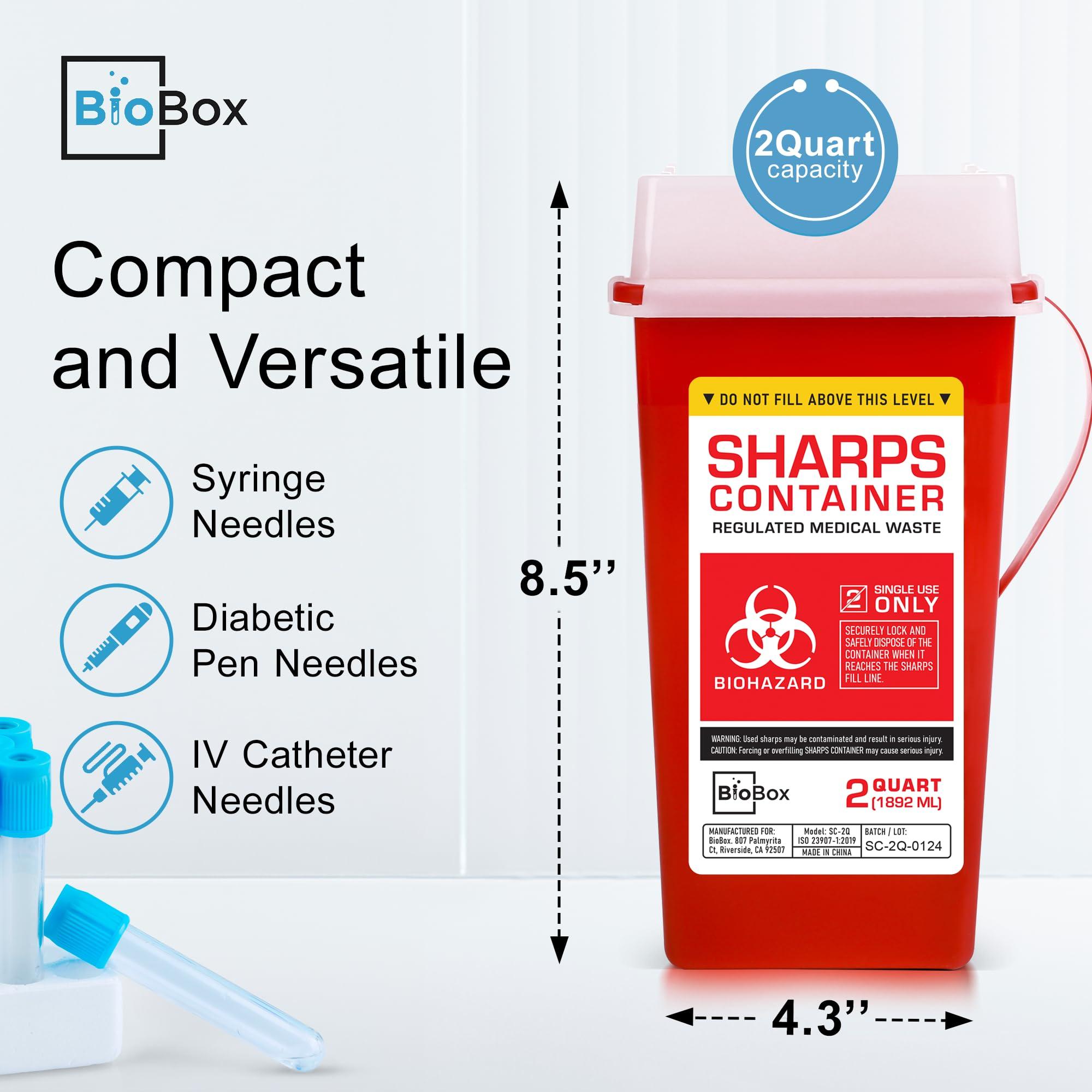 BioBox Sharps Container Small - Sharps Containers for Home Use and Labs - Portable Needle Disposal and Travel Size Biohazard Bin - 2 Quart (Pack of 1)