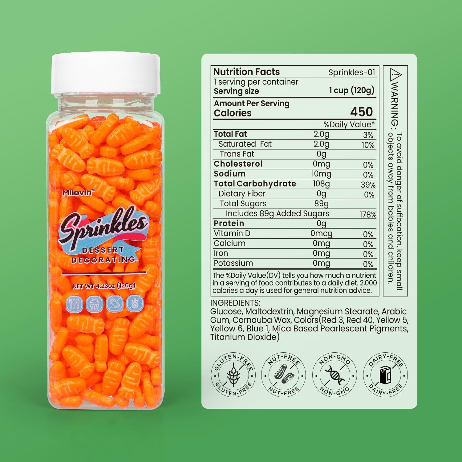 Milovin Edible Carrot Sprinkles for Cake Decorating, Carrot Cake Decorations for Easter Cupcakes, Carrot Cake, Macaron, Ice Cream Topping, Cookies(120g/4.23oz)