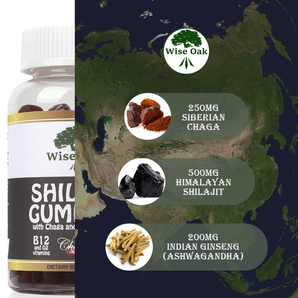 Centinela Health Company Wise Oak Shilajit Gummies 500mg with Chaga Ashwagandha B12 and D2 Vitamins - Black Cherry Flavored Naturally Vegan Ayurveda Humic Fulvic Acid and Trace Minerals - Pure Himalayan Shilajit Supplement