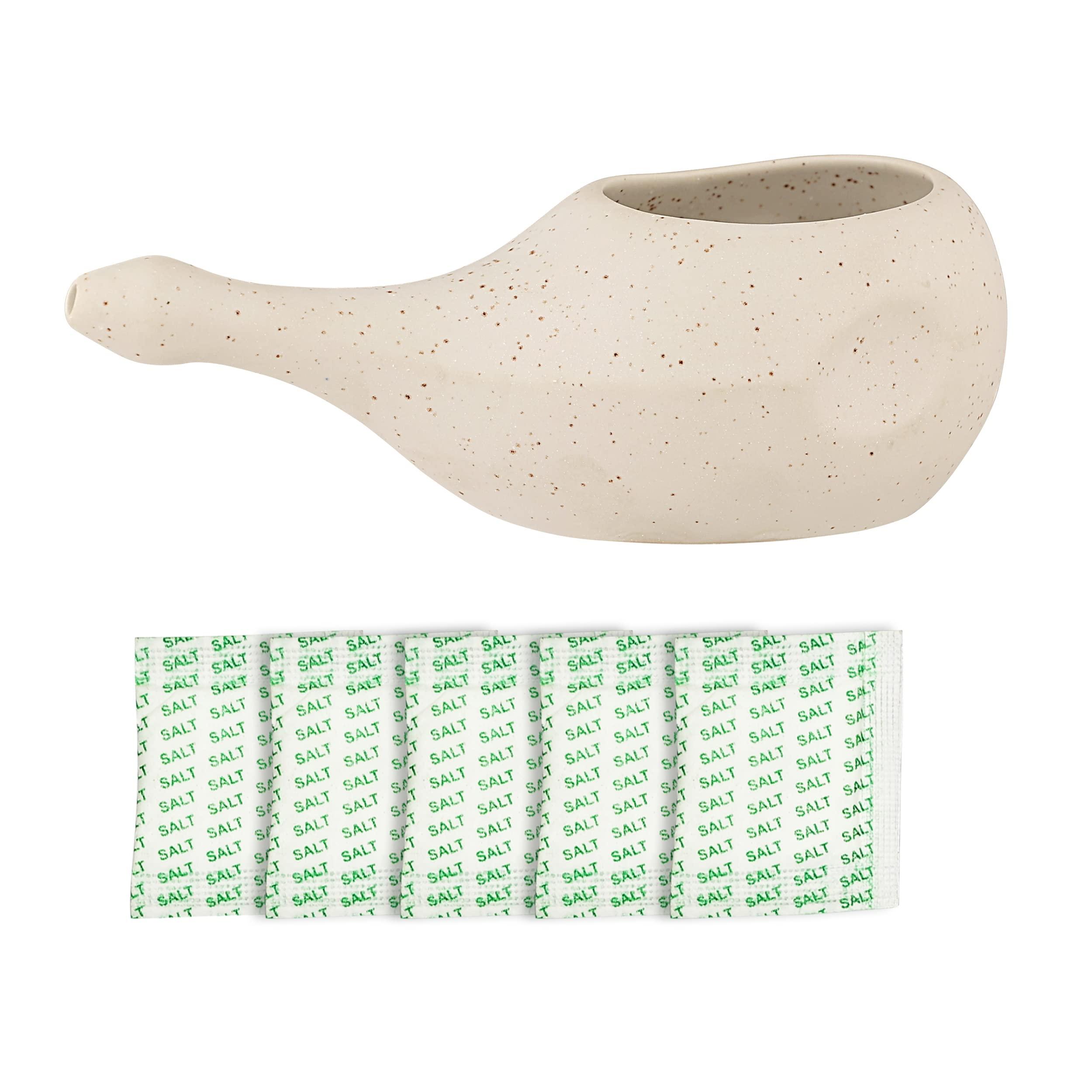 HealthGoodsIn HealthGoodsIn Ceramic Neti Pot, Dishwasher Safe, Conical Tip for Nasal Cleansing + 5 Sachet Neti Salt, Without Handle (Matte Ivory)