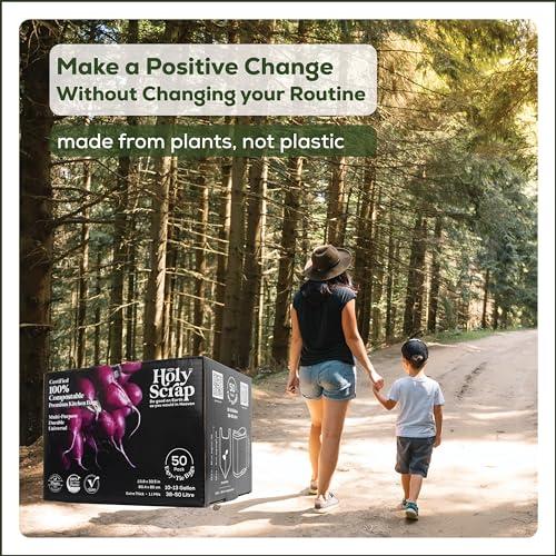 HOLY SCRAP! HOLY SCRAP! Large Compostable Trash Bags - 10-13 Gallon, 50 Pack, 100% Plastic-Free Decomposing Easy-Tie Trash Can Bags & Liners, Thick Kitchen, Bathroom & Backyard Bin Bags for Food & Green Waste