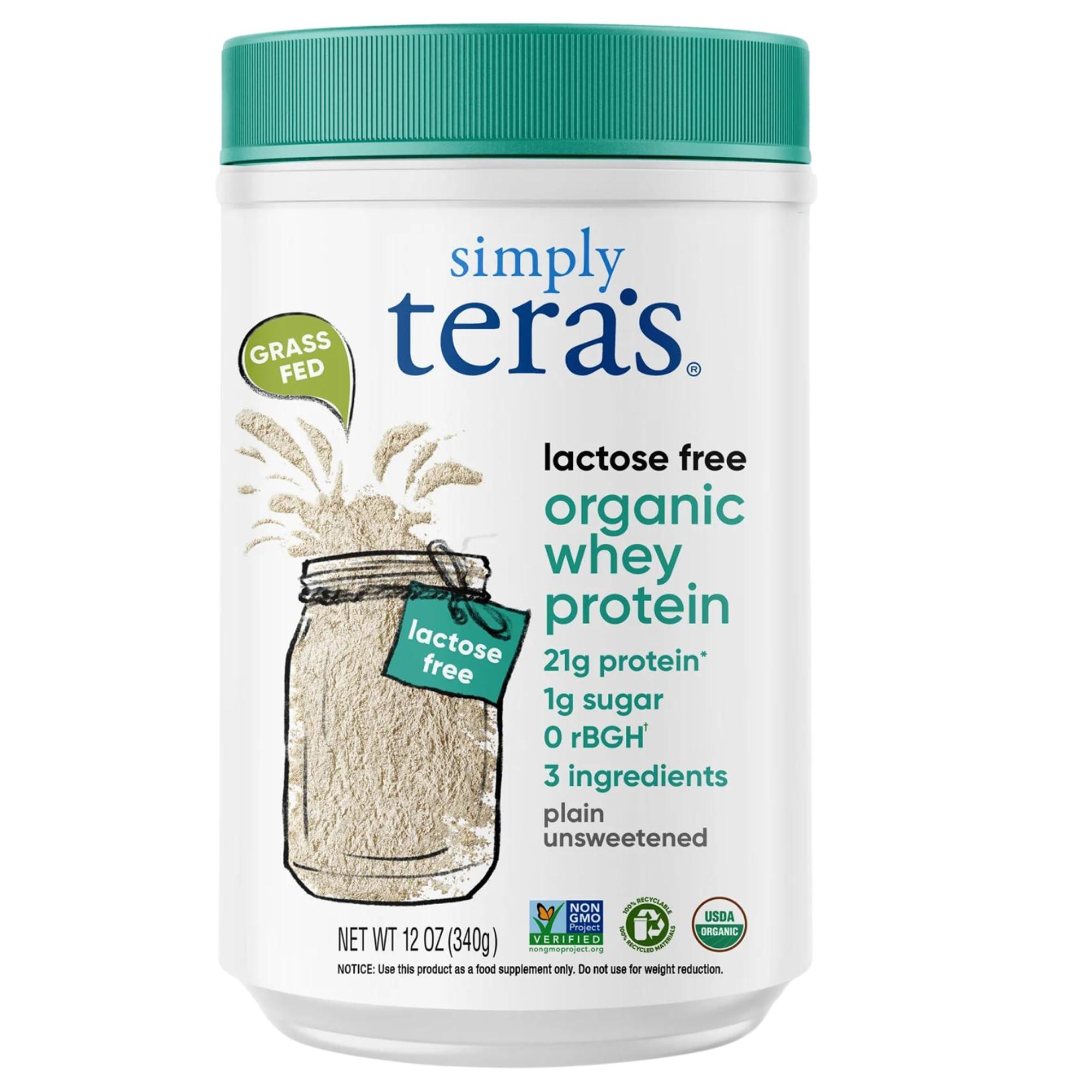 teraswhey Simply tera\'s Lactose Free Organic Whey Protein - Unflavored Protein Powder, Plain Tasteless Protein Powder with 21g of Protein Per Serving, Non-GMO, Gluten-Free, rBGH-Free, Kosher, Organic - 12 Oz