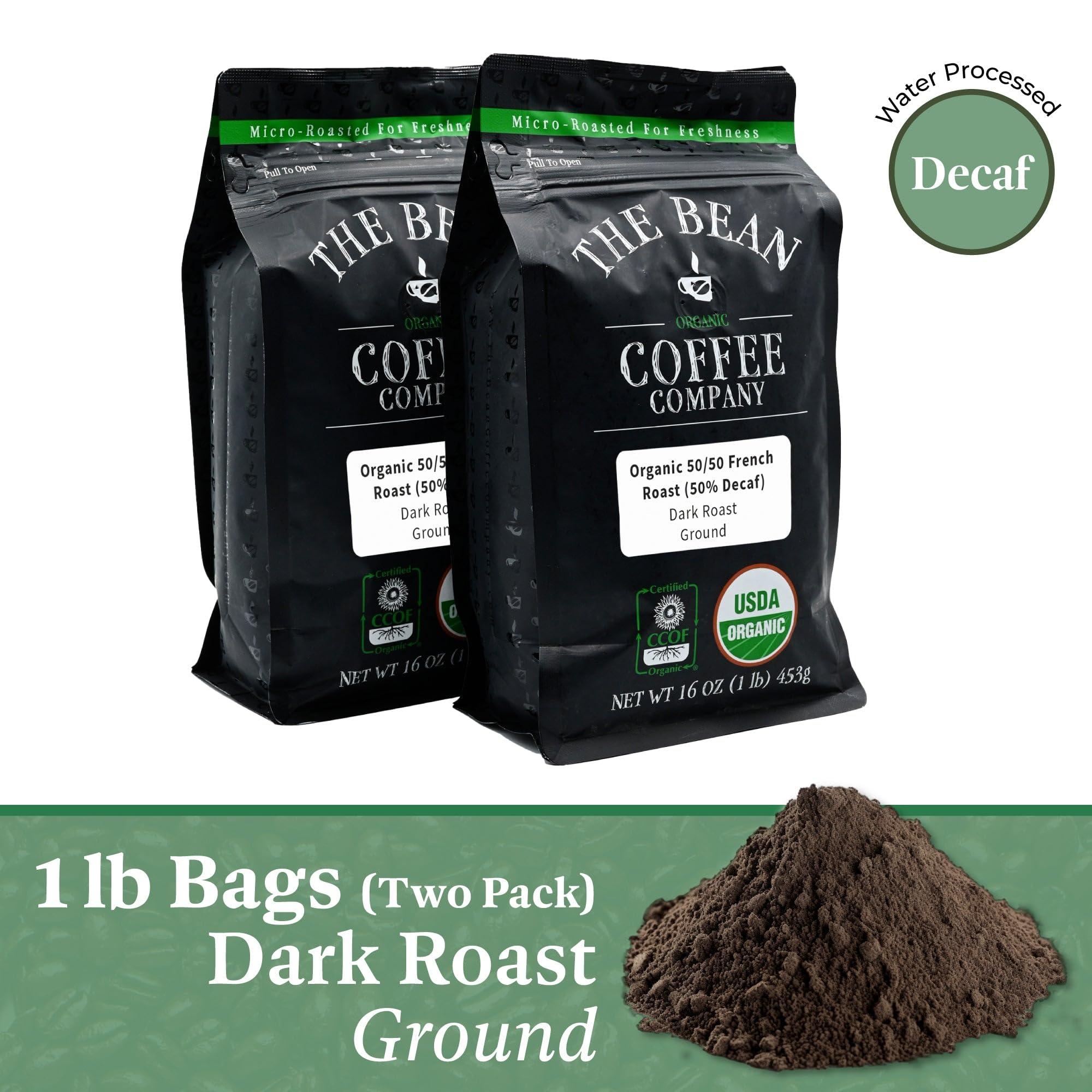 The Bean Coffee Company The Bean Organic Coffee Company 50/50 (Half Caff) French Roast, 50% Decaf, Dark Roast, Ground Coffee, 16-Ounce Bags (Pack of 2), Caf Molido Tostado Orgnico descafeinado