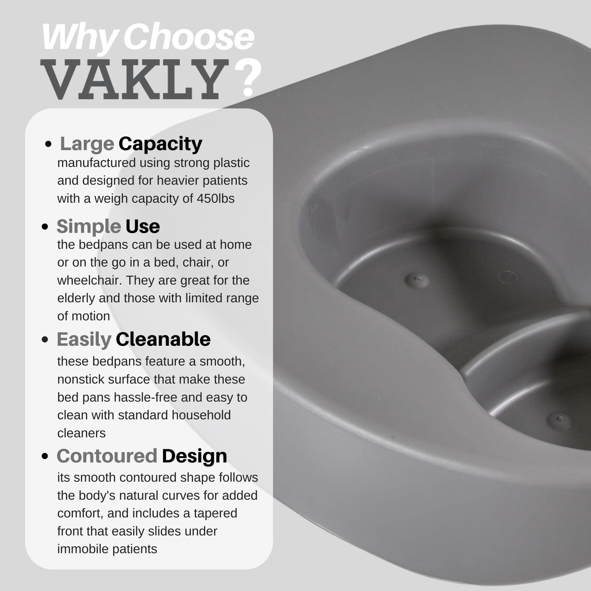 Vakly Heavy Duty Large Bariatric Bedpan Wide Smooth Contoured Stackable Bed Pan Portable and Easy to Clean - for Bed-Bound/Bedridden Patient for Women and Men (20)