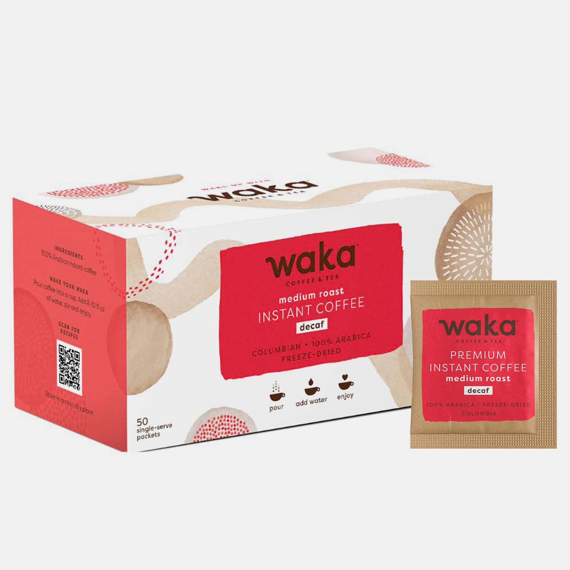 Waka Coffee Waka Instant Coffee, Decaffeinated Medium Roast - 100% Arabica Colombian Beans, Freeze Dried Granules, No Additives - Single Serve Packets for Quick Hot and Iced Coffees (50 Individual Coffee Packets)