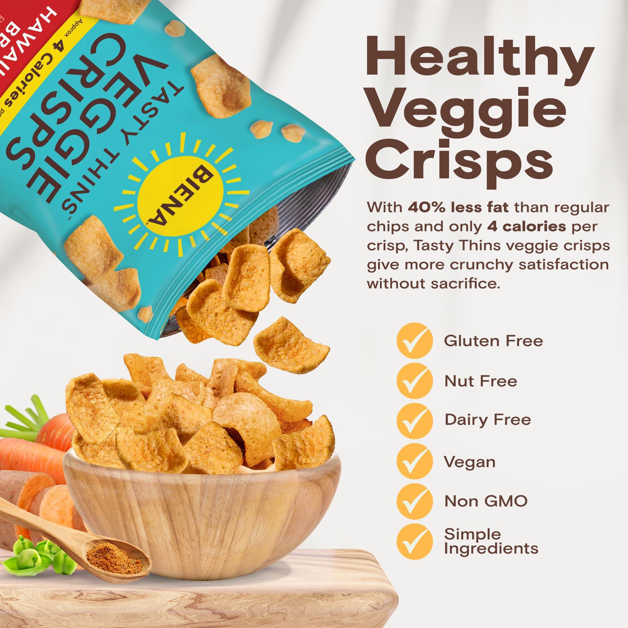 BIENA BIENA Tasty Thins Veggie Crisps - Low Calorie Veggie Chips for Adults and Kids - Individual Pack, 4 Ounce Bags - Hawaiian BBQ