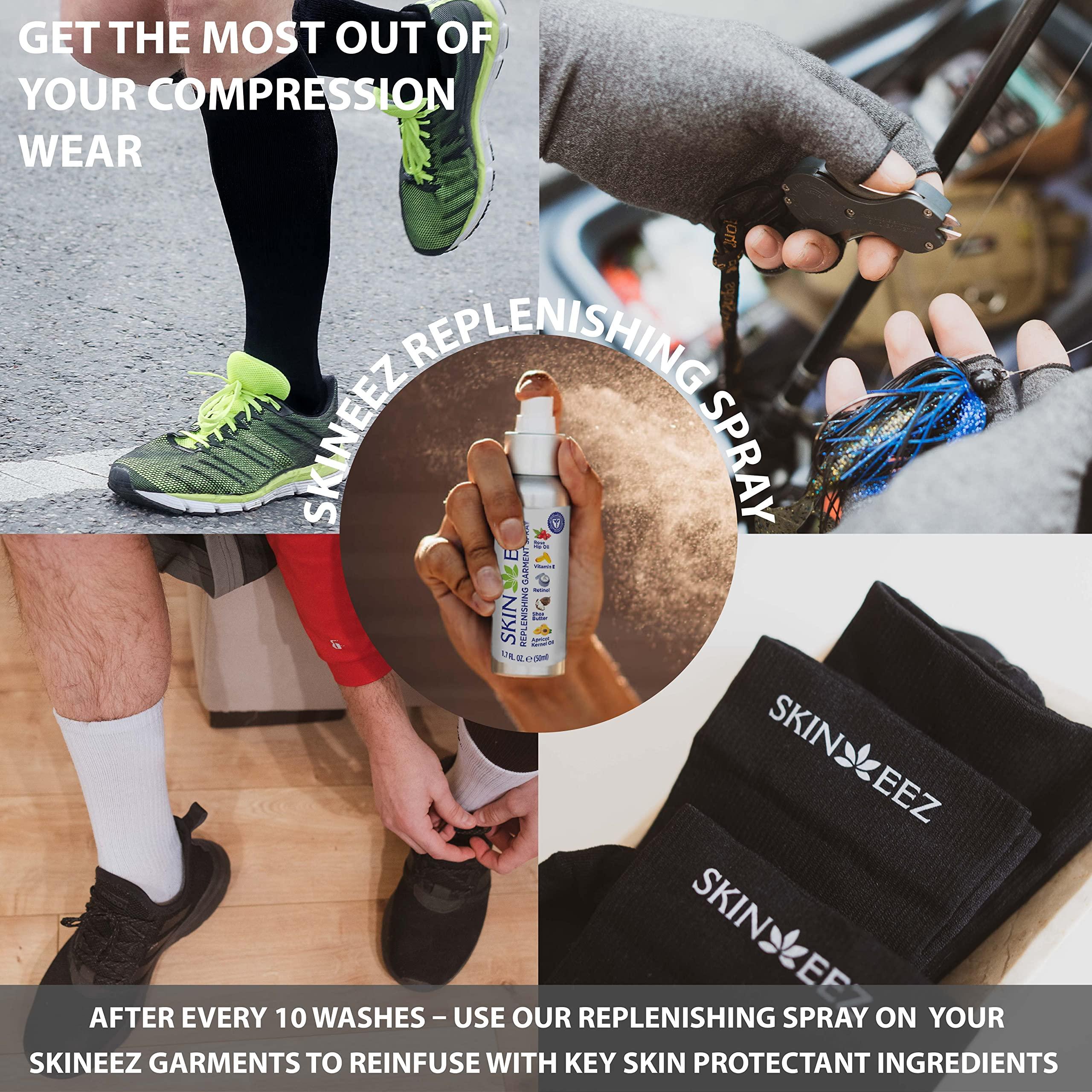 Skineez Skincarewear Skineez Medical Grade Compression Socks 10-20mmHg and Replenishing Spray, Firm, Moisuturize & Revitalize Skin, Relieve Foot, Arch, Heel, Calf, and Ankle Pain, Tan, L/XL, 1 Pair, 1 Spray