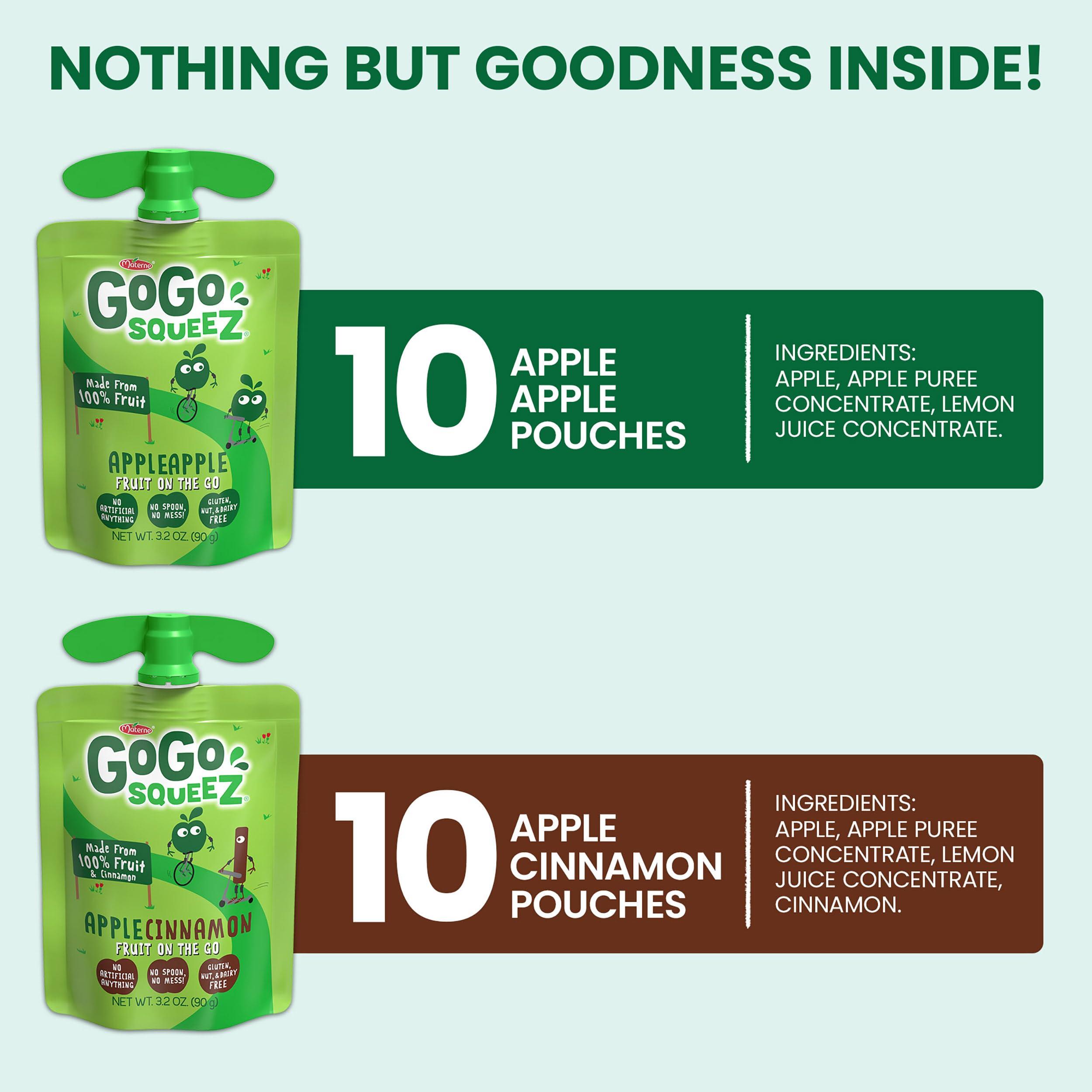 GoGo SqueeZ GoGo squeeZ Applesauce and Fruit Puree Variety Pack, Apple & Cinnamon, 3.2 oz (Pack of 20), Unsweetened Fruit Snacks for Kids, Gluten Free, Nut Free and Dairy Free, BPA Free Pouches