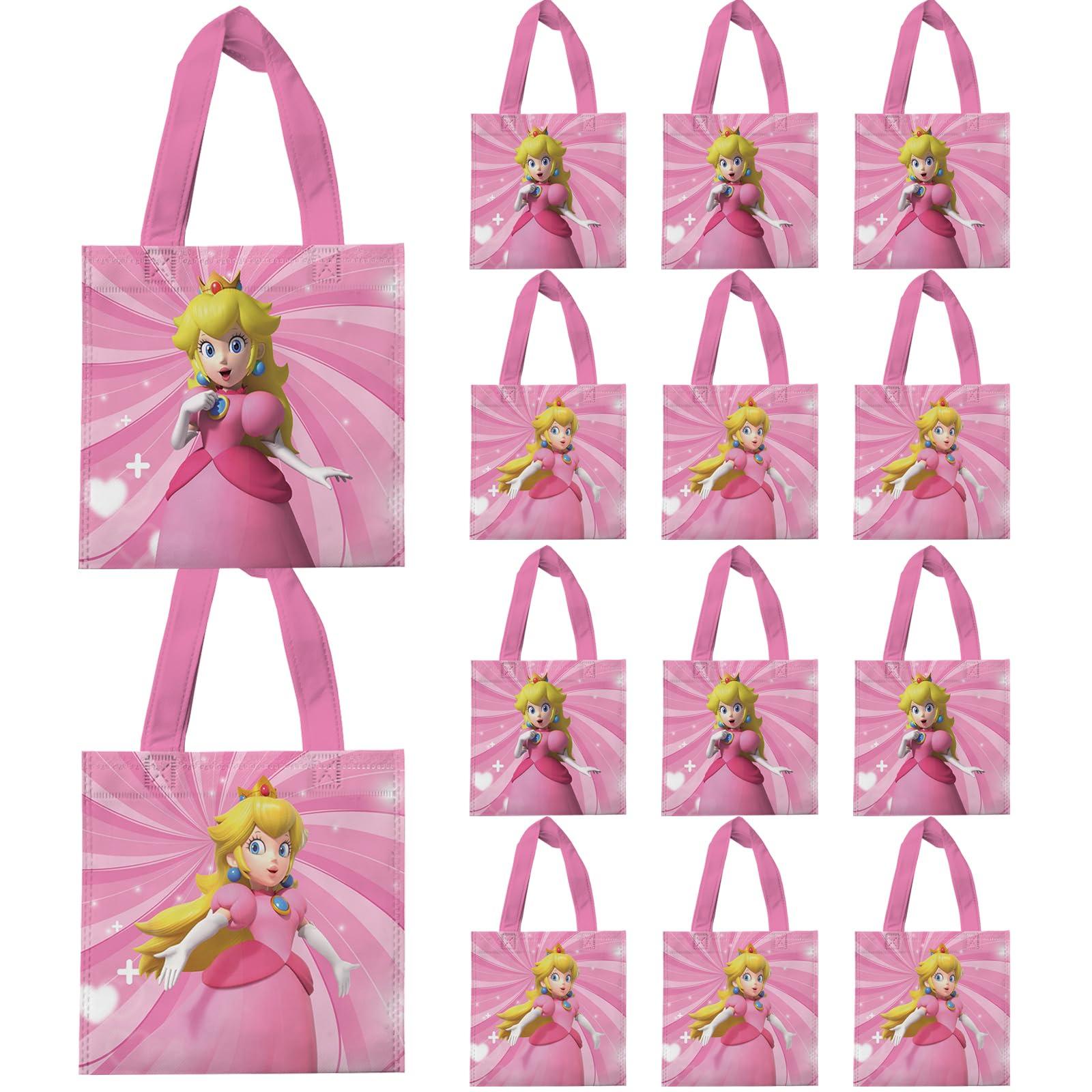YOPENMOUNE 20 Pcs Mario Princess Peach Favor Bags, Treat Candy Goodie Gift Non-woven Bags Reusable for Super Bros Princess Peach Birthday Party Supplies Baby Shower Princess Peach Theme Party Decorations