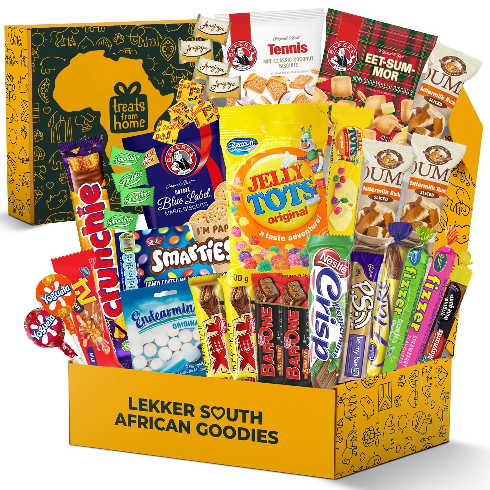 Happy Tucker Treats from Home South African Snacks Food Box | Authentic African Candies, Chocolate Bars, & Treats | Perfect Christmas Gifts Includes Ouma Rusks, Smarties, & More | Best South African Products Care Package for Gifting & Sharing - 36 Units