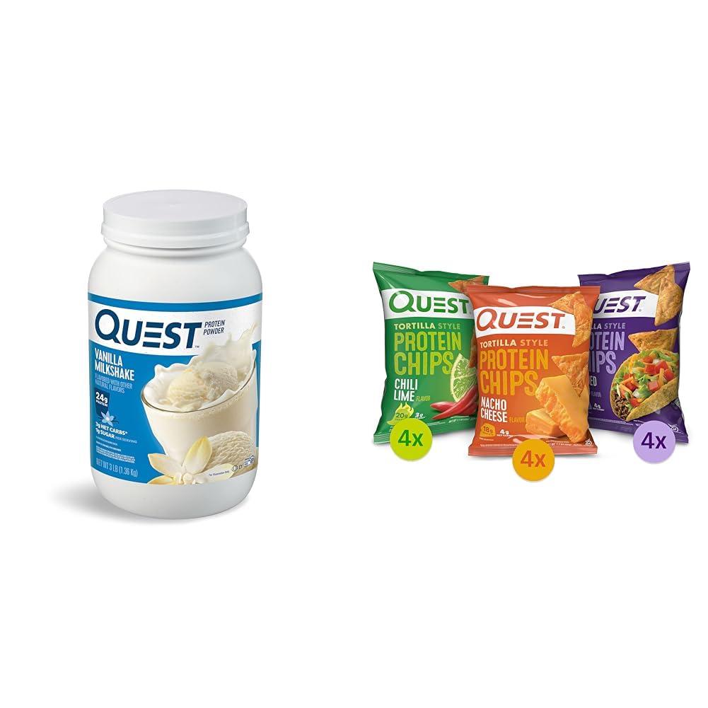Quest Nutrition Quest Nutrition Vanilla Milkshake Protein Powder, 24g of Protein, 1g of Sugar, 3 Pound, 43 Servings & Tortilla Style Protein Chips Variety Pack, Chili Lime, Nacho Cheese, Loaded Taco