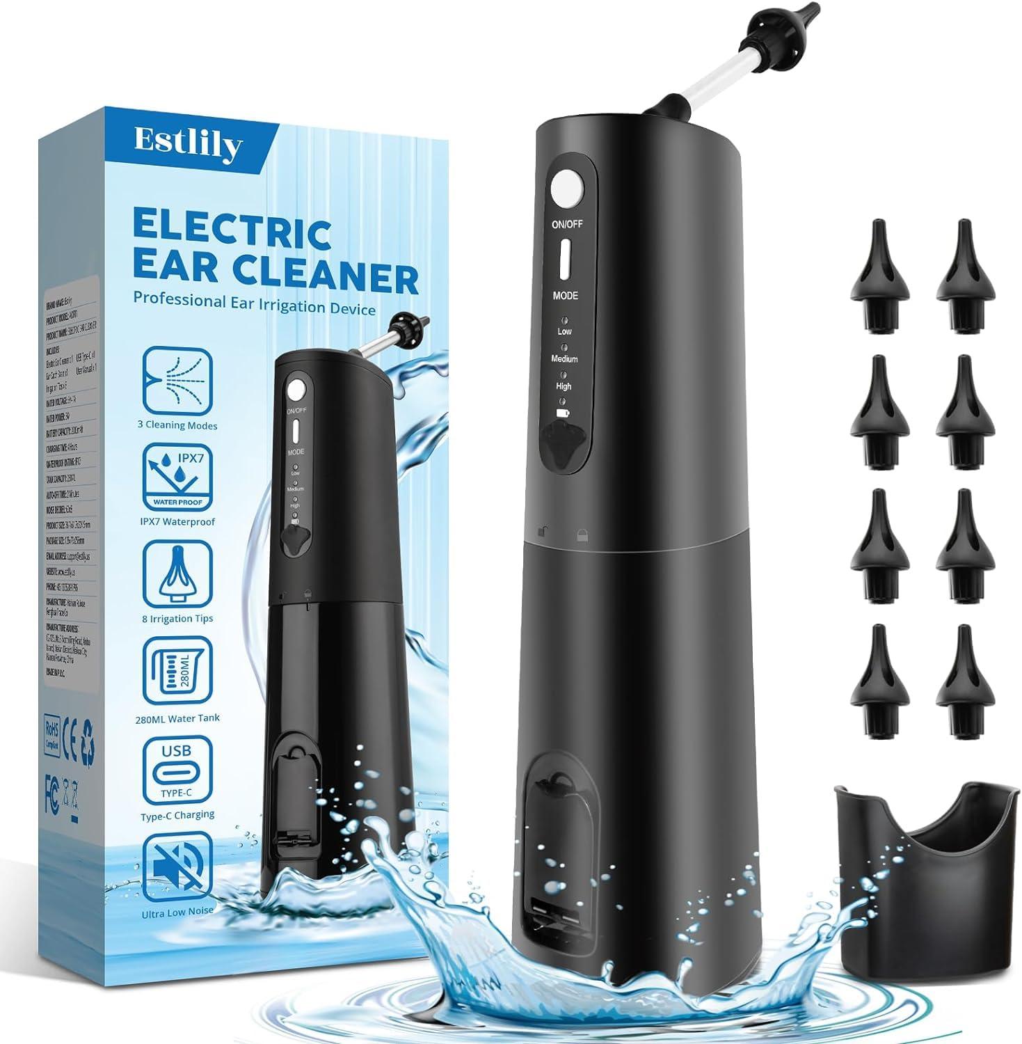 Estlily Electric Ear Cleaner for Earwax Removal: Ear Wax Removal Kit with 8 Rreusable Irrigation Tips - Water Powered Ear Cleaning Tool - Ear Irrigation Flushing System for Adults