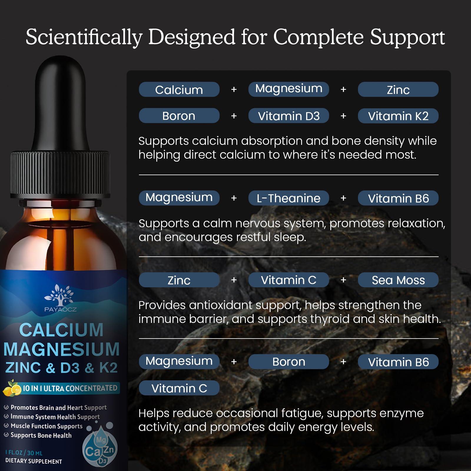 PAYAOCZ (4 Pack) 10 in 1 Calcium Magnesium Zinc Supplement, Magnesium Glycinate Complex Liquid Drops with Vitamin D3 K2 B6, Vegan Calcium Citrate Bone & Immune Health Support, Sleep & Cramps, Boron, 1 Fl Oz