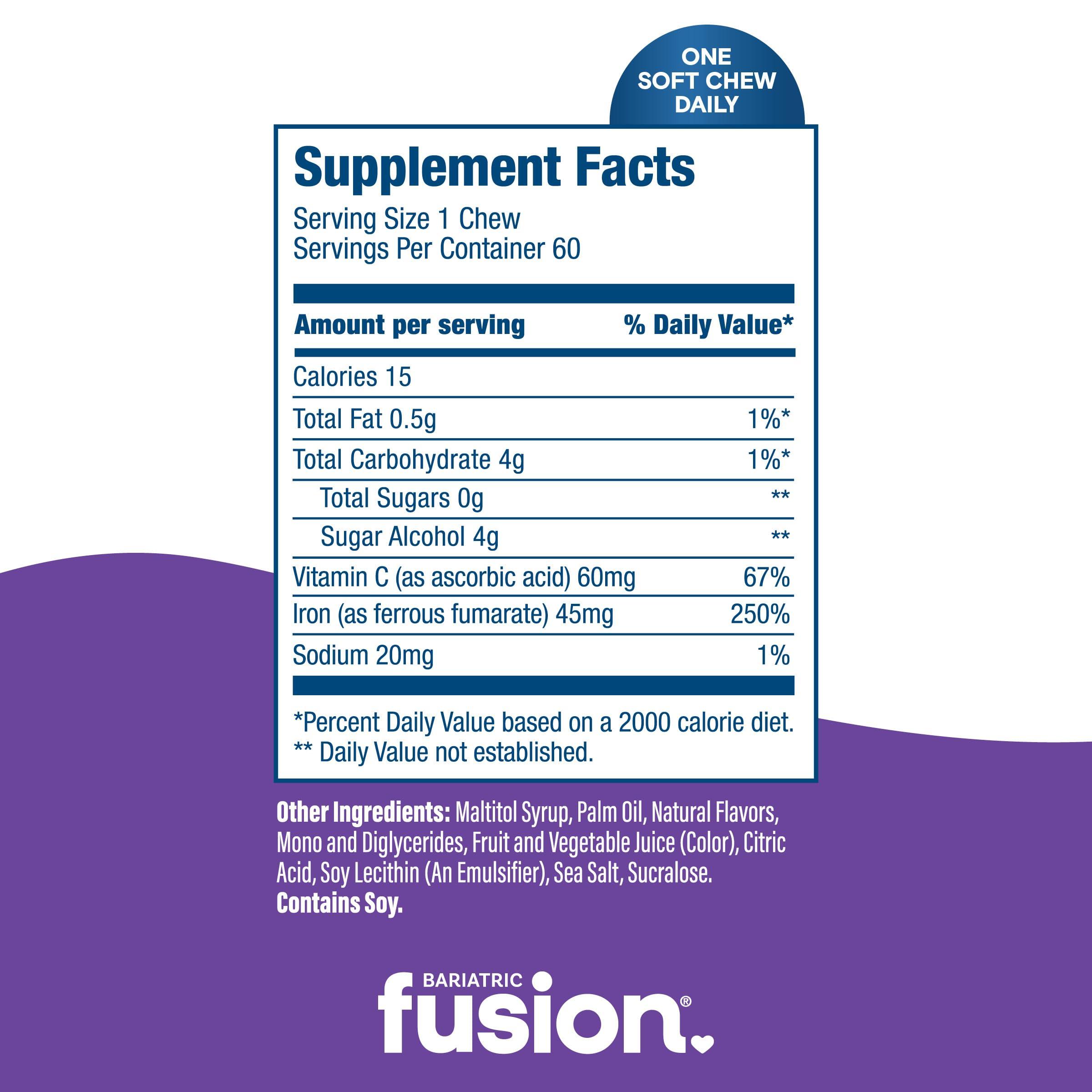 Bariatric Fusion Bariatric Fusion Iron Supplement for Women with Vitamin C | Grape Flavored | Bariatric Iron Chewable Vitamin | Gentle on Stomach Ferrous Fumarate | Gluten Free | 60 Count | 2 Month Supply