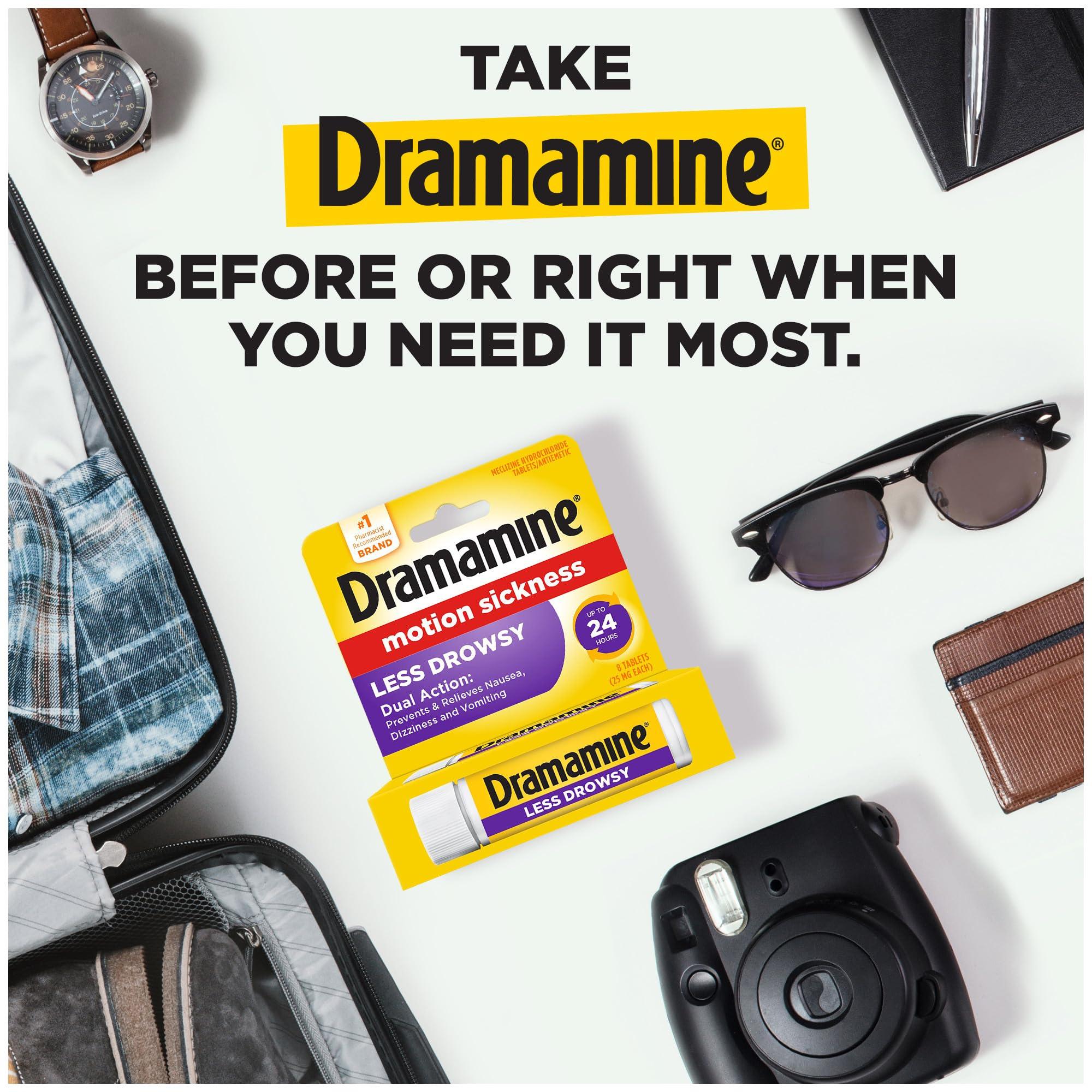 Dramamine Dramamine Motion Sickness Relief Tablets Bundle: All Day Less Drowsy, 8 Count, 3 Pack and Original Travel Vial, 12 Count