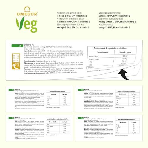 OMEGOR Omegor Veg Omega-3 Vegan (60 Capsules) Plant-Based Omega-3 Derived from Algal Oil, Enriched with Vitamin E Contains 250mg DHA and 125mg EPA per Capsule IFOS and Vegan Society Certified