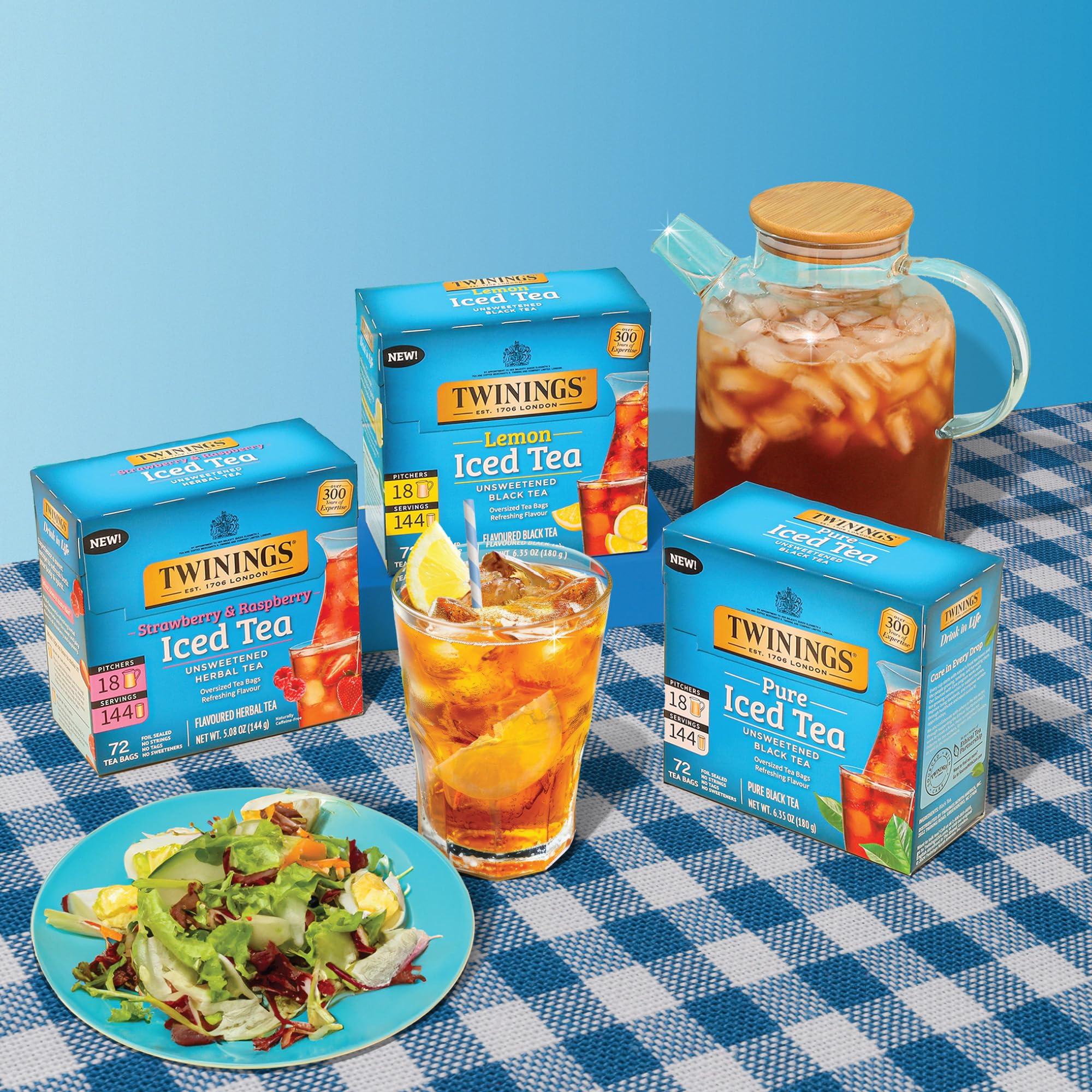 Twinings Twinings NEW Strawberry & Raspberry Herbal Iced Tea, 72 Deliciously Unsweetened Tea Bags, Makes 18 Pitchers or 144 Servings, Caffeine-Free, 72 Count (Pack of 1)
