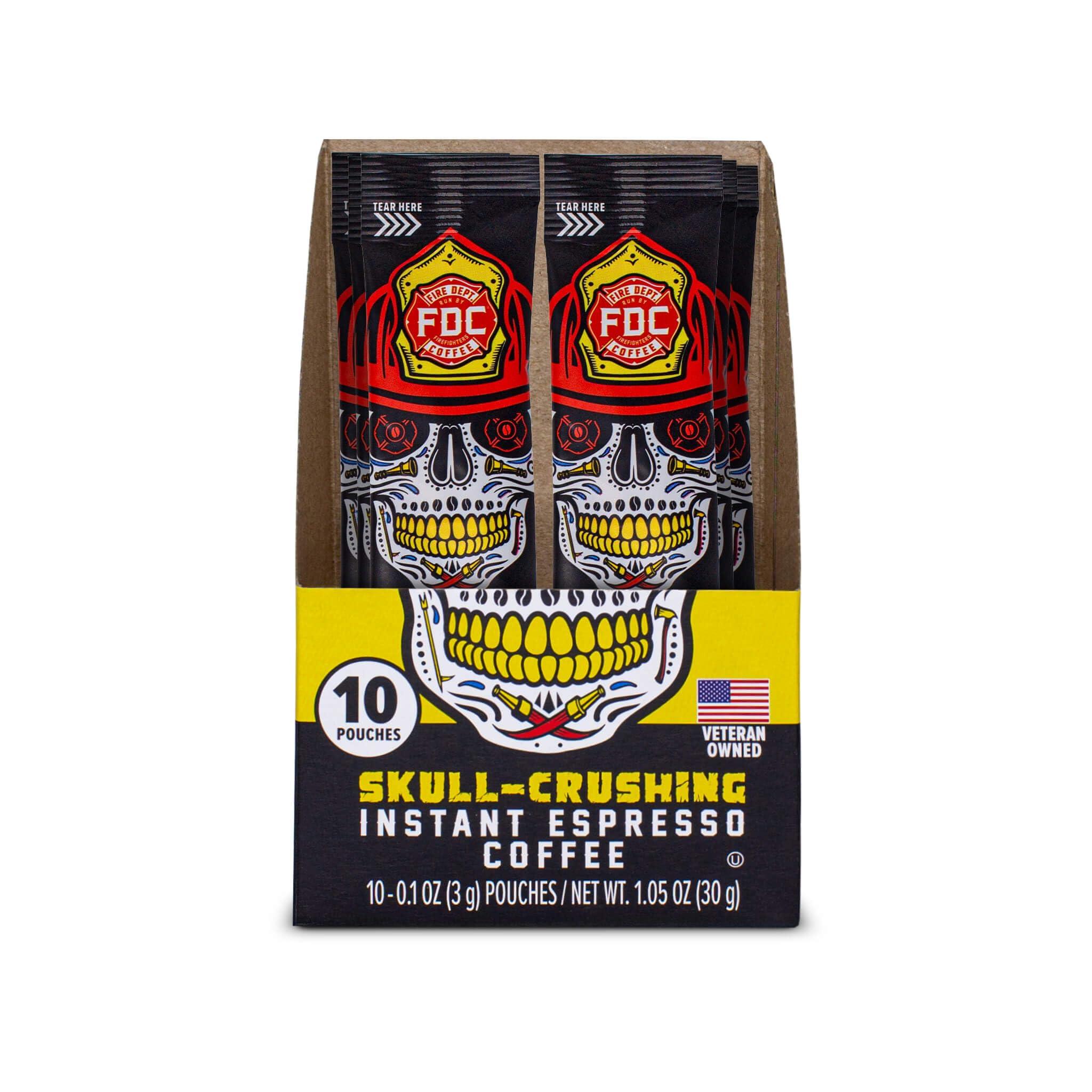 Fire Department Coffee Fire Department Coffee - Skull Crushing Instant Espresso Coffee - Instant Coffee Packets Single Serve - Gives Back to Firefighters - Veteran Owned - Enjoy Hot or Cold (Pack of 10)