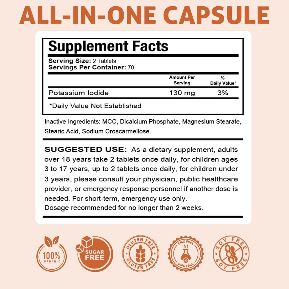 Health Dose Health Dose Potassium + Iodide (KI) Tablets 130mg 140 Tablets for Thyroid Support, Cellular Metabolism & Electrolyte Balance Non-GMO, Gluten-Free, GMP Certified, Pack of 2
