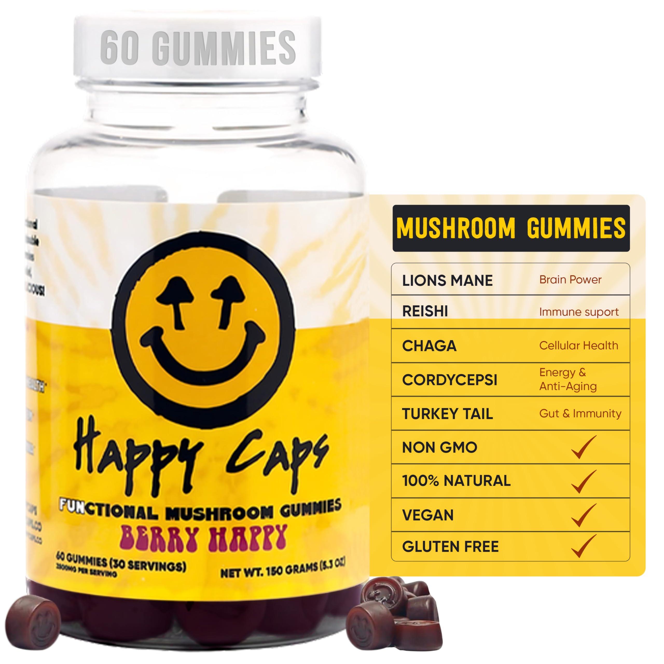 Happy Caps Happy Caps Functional Mushroom Gummies - Lions Mane, Cordyceps, Chaga, Reishi - Immune System Booster & Nootropic Brain Supplement - 60 Gummies (1)