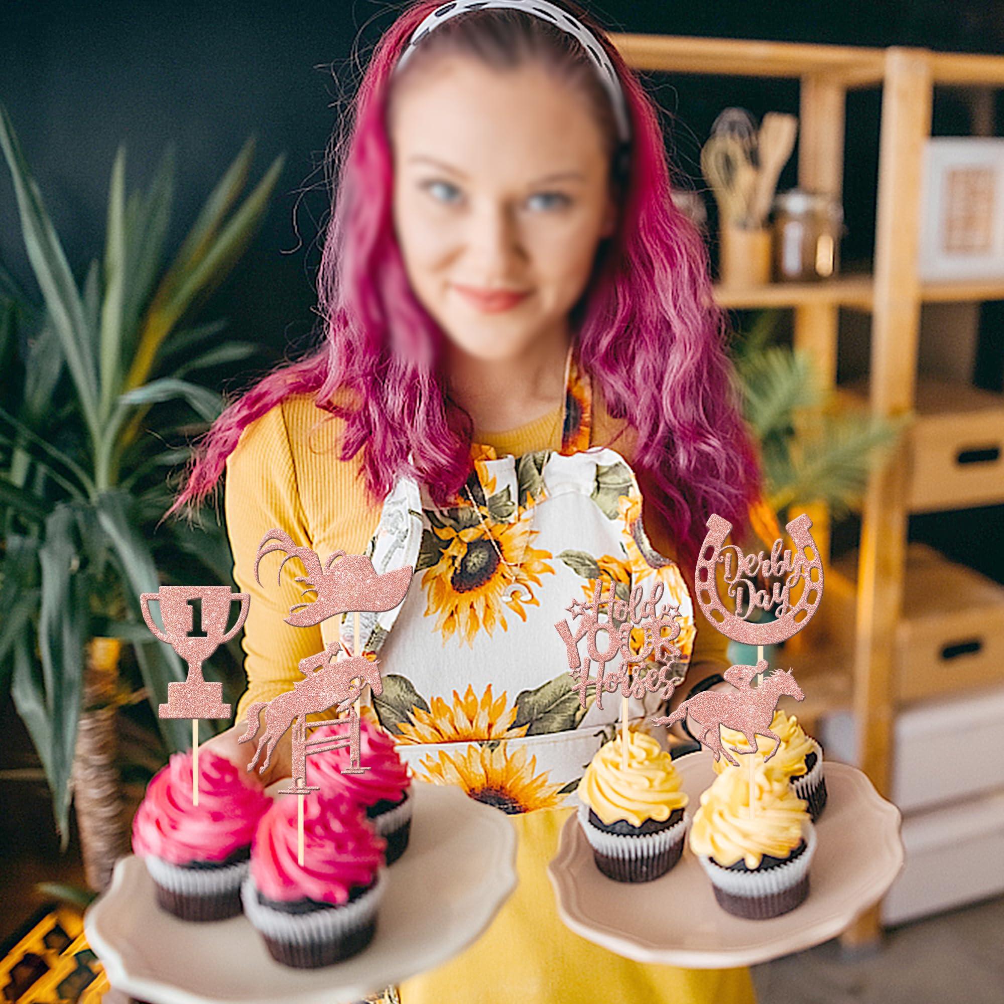 ZHUOWEISM 24 PCS Derby Horse Cupcake Toppers Glitter Horse Racing Cupcake Picks Sports Equestrian Theme Baby Shower Kids Birthday Kentucky Derby Party Cake Decorations Supplies Rose Gold