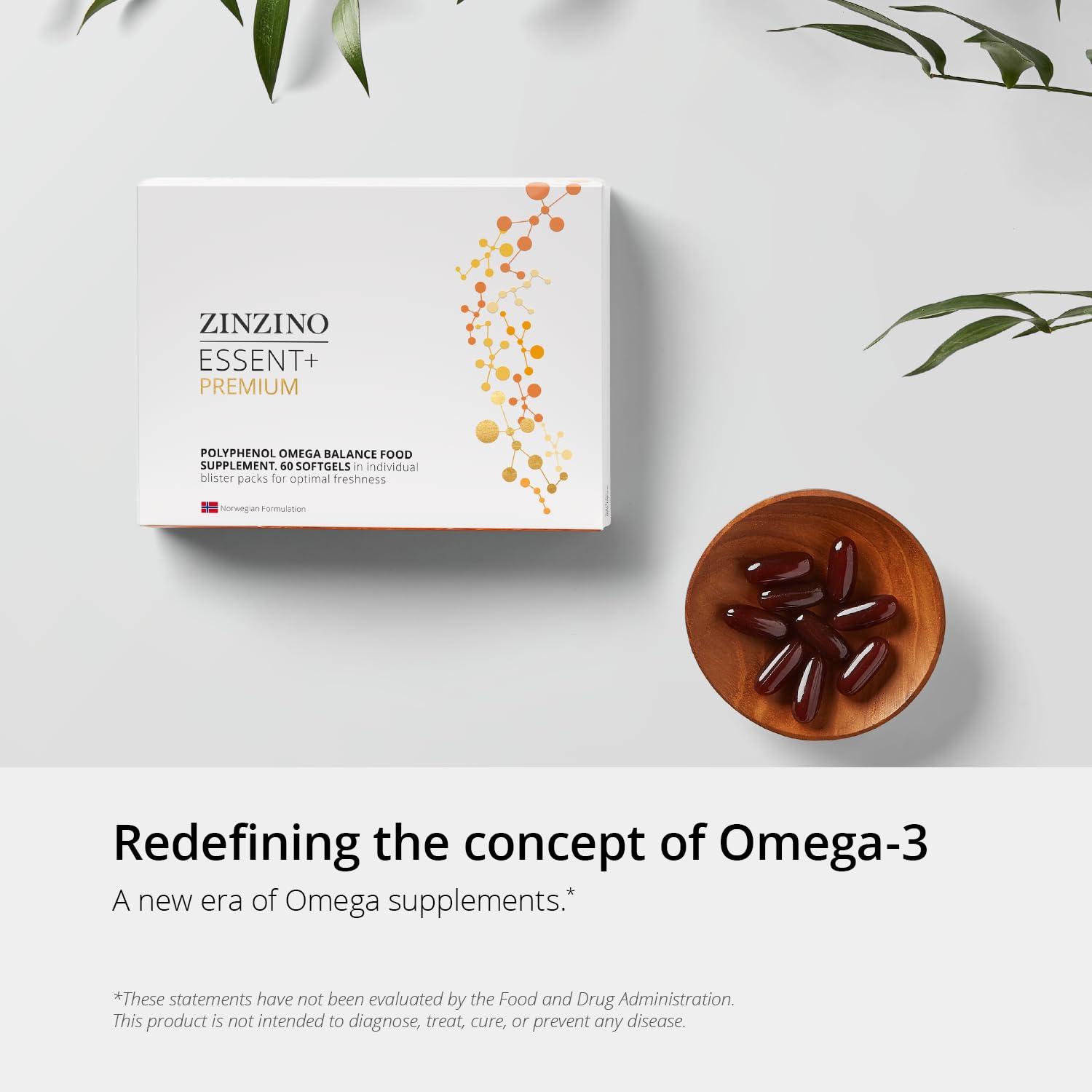 ZINZINO Zinzino - Essent+ Premium, Advanced Polyphenol Omega Balance with Fish Oil, Glycerin, Cold-Pressed Extra Virgin Olive Oil, Vitamin D - 60 Softgels