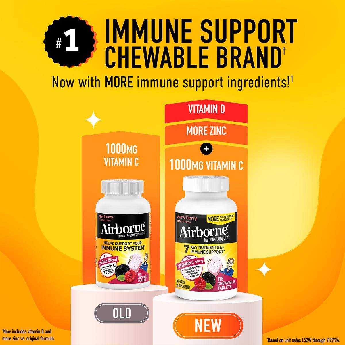 Airborne Airborne 1000mg Vitamin C + Zinc Immune Support Supplement Chewable Tablets, Very Berry Flavor with Powerful Antioxidants Vitamins A C & E, 116 Chewable Tablets (2 Pack)