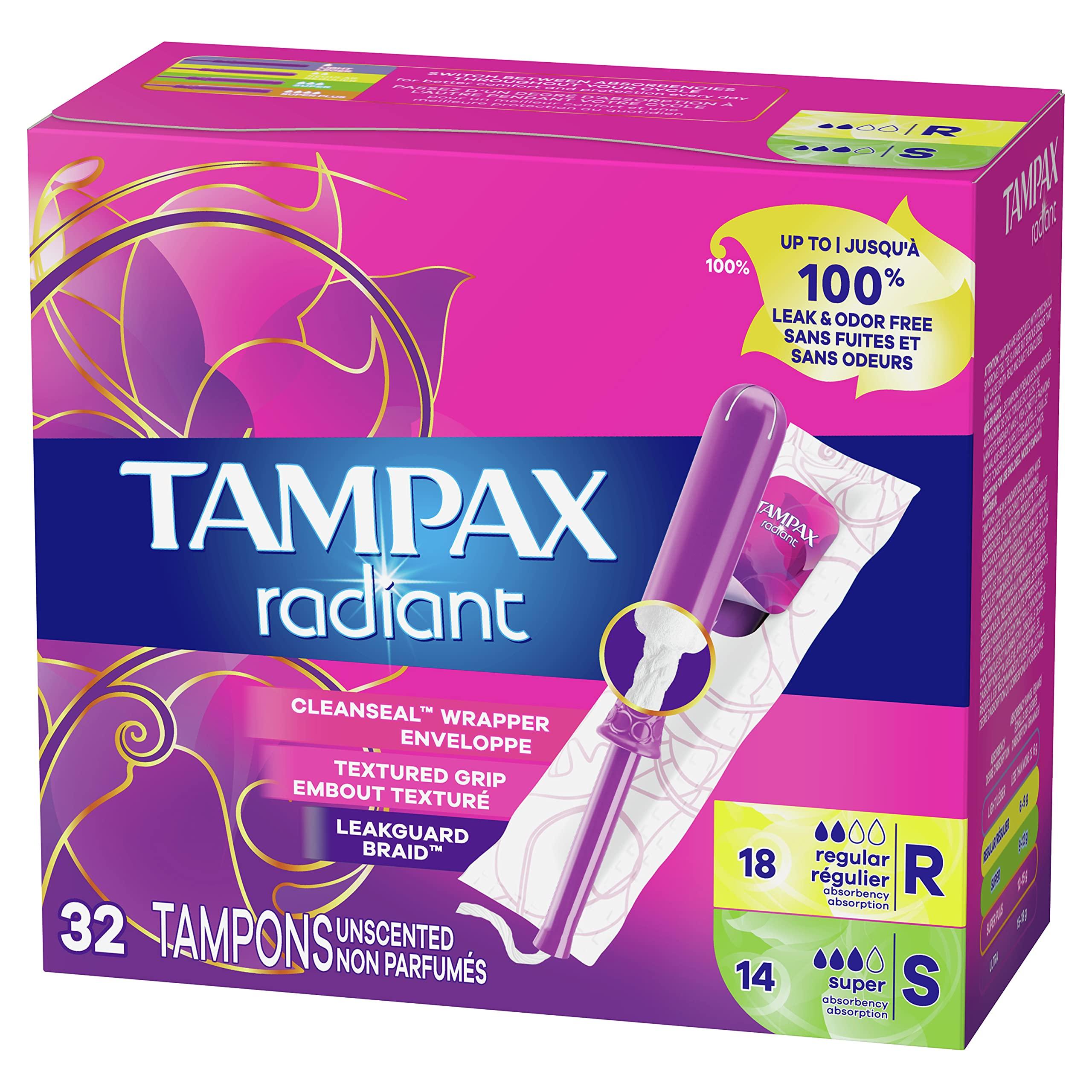 Tampax Tampax Radiant Tampons Duo Pack, Regular/Super Absorbency, 96 Count, BPA-Free Plastic Applicator and LeakGuard Braid, Unscented, 96 Count