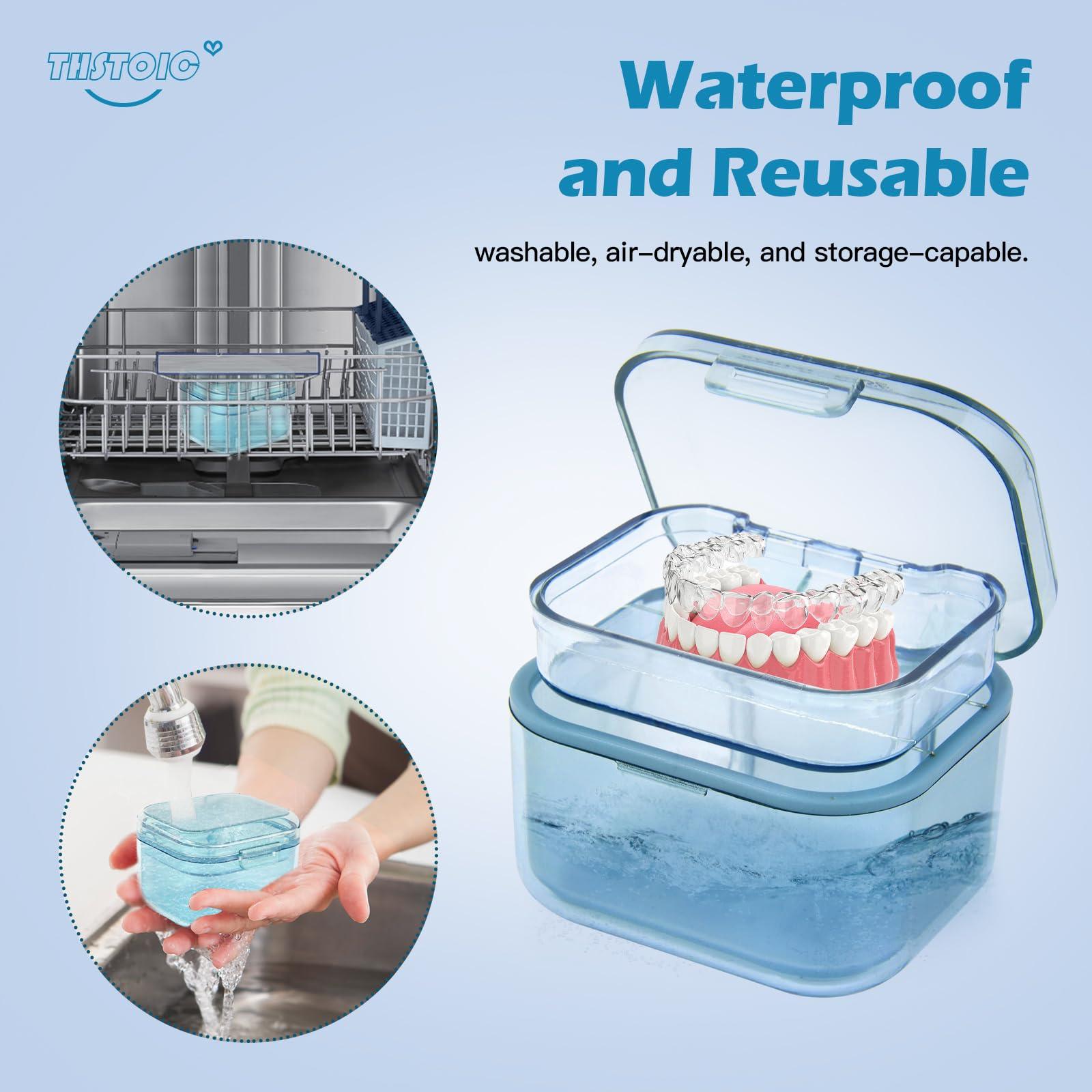 THSTOIC THSTOIC Denture Case & Cup - False Teeth Bath Holder, Travel Denture Cleaning Container for Soaking, Retainer, Partial, Mouth Guards (BLUE)