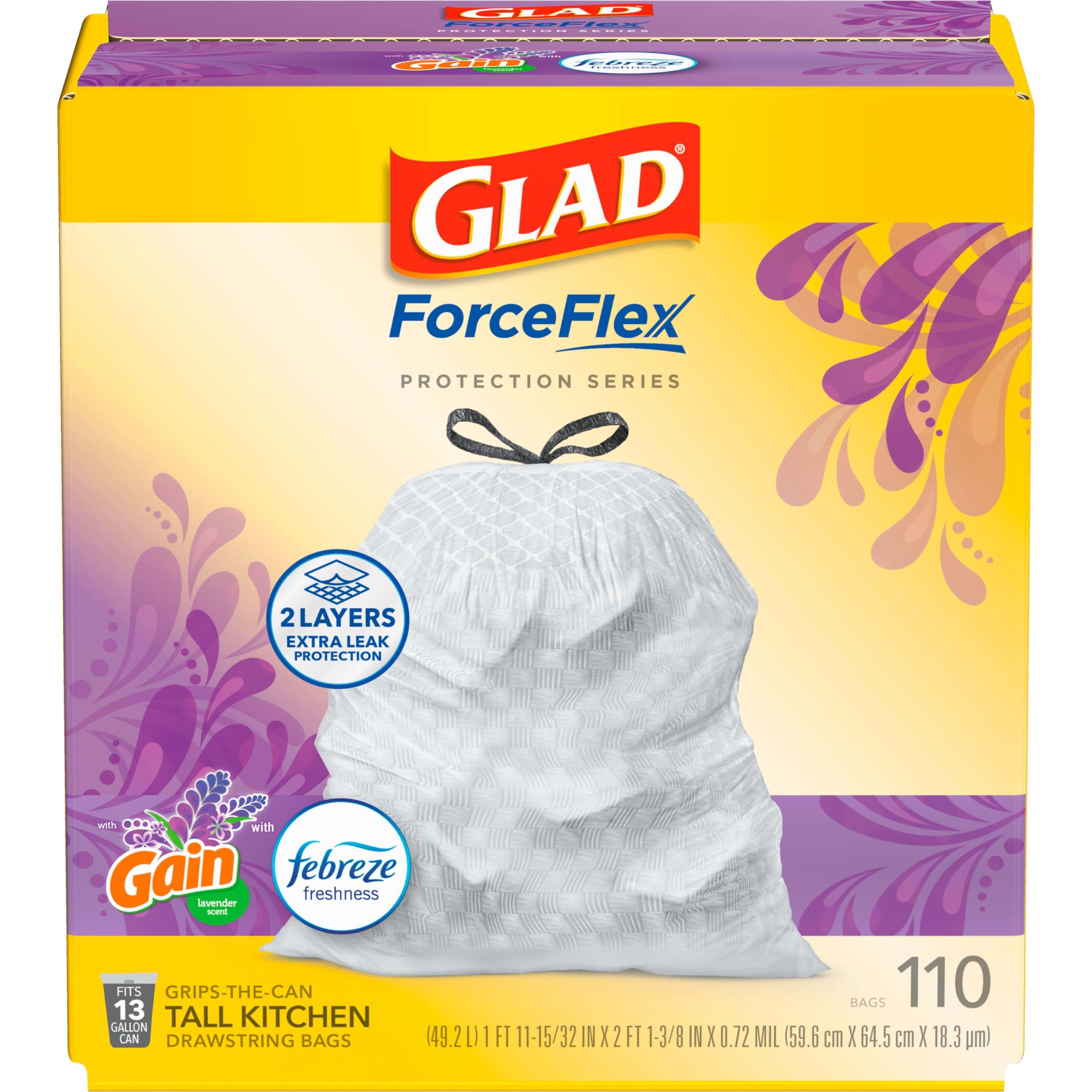 Glad Glad ForceFlex Tall Kitchen Trash Bags, 13 Gal, Gain Lavender, 110 Ct, Pack May Vary